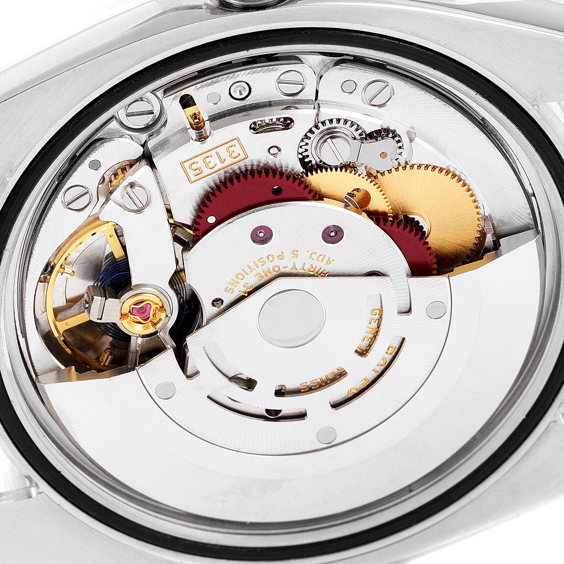 This image shows the intricate inner mechanism of a Rolex Datejust 116244 Men's Stainless Steel Mother of Pearl Dial 116244 Men's Stainless Steel Mother of Pearl Dial watch from a rear angle, featuring the movement and gears.