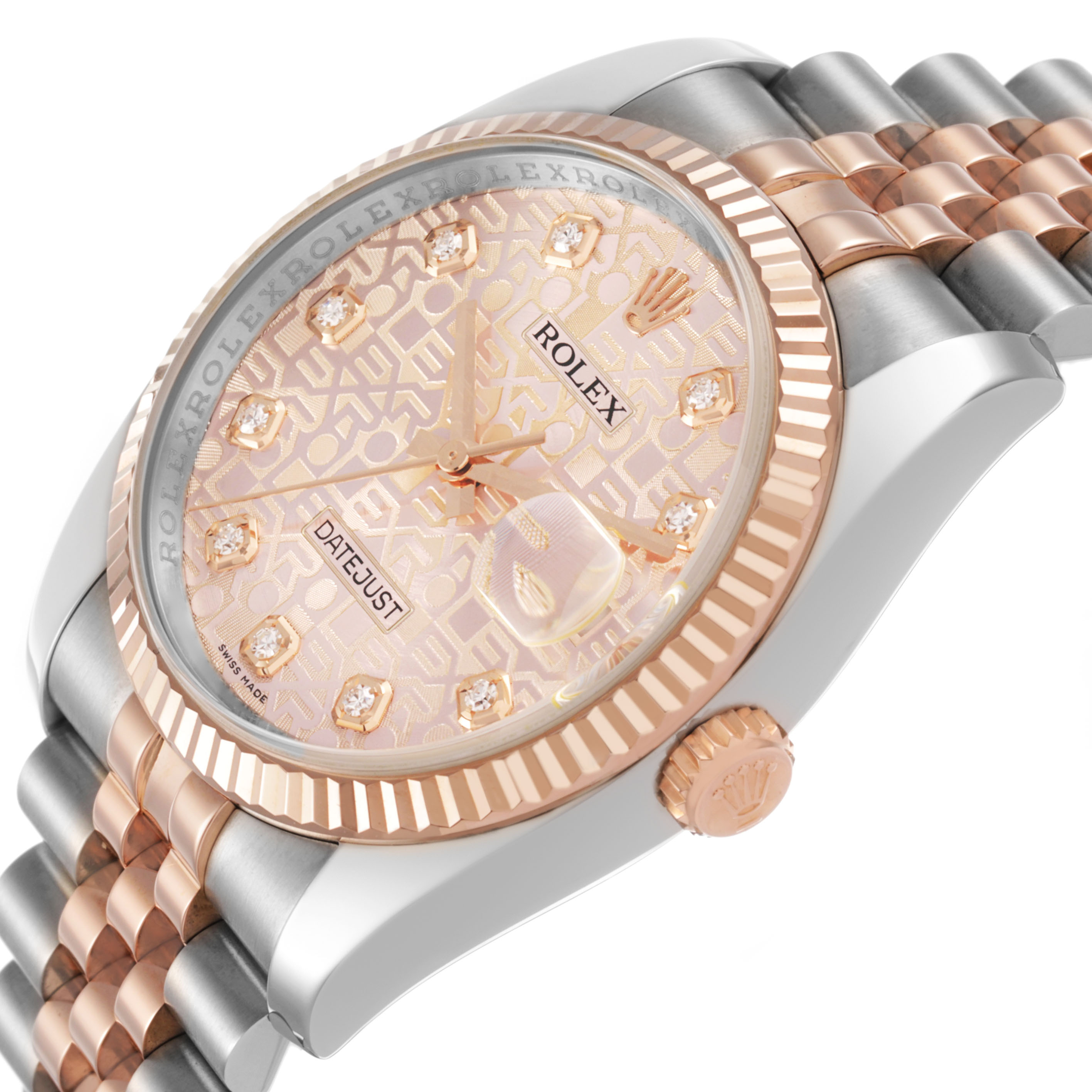 The Rolex Datejust 116231 Men's Steel and Gold (two tone) Pink Dial watch is shown from a side angle, highlighting the bezel, crown, and part of the bracelet.