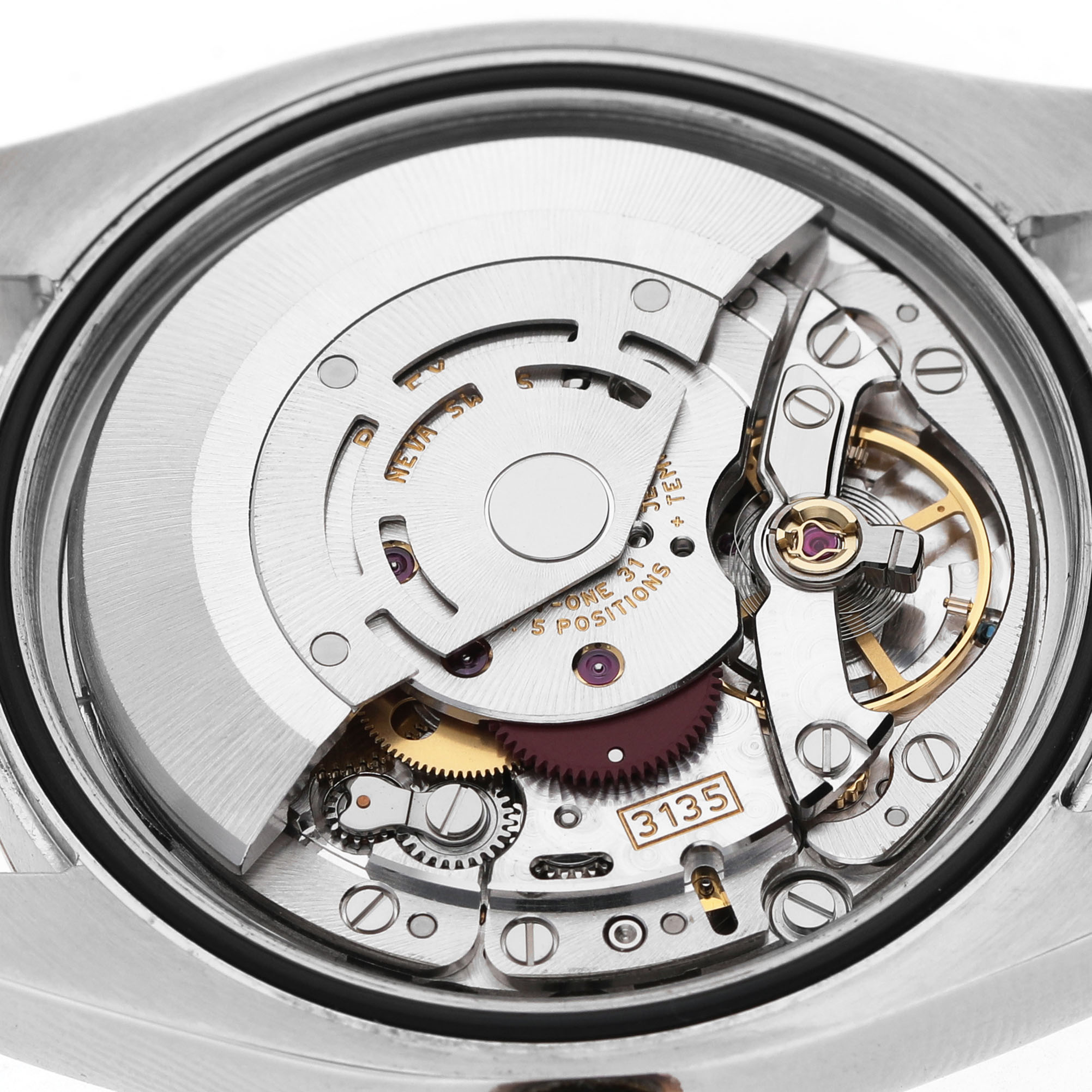 The image shows the movement of a Rolex Datejust 116231 Men's Steel and Gold (two tone) Pink Dial watch, featuring its rotor and internal mechanism from a top-down angle.