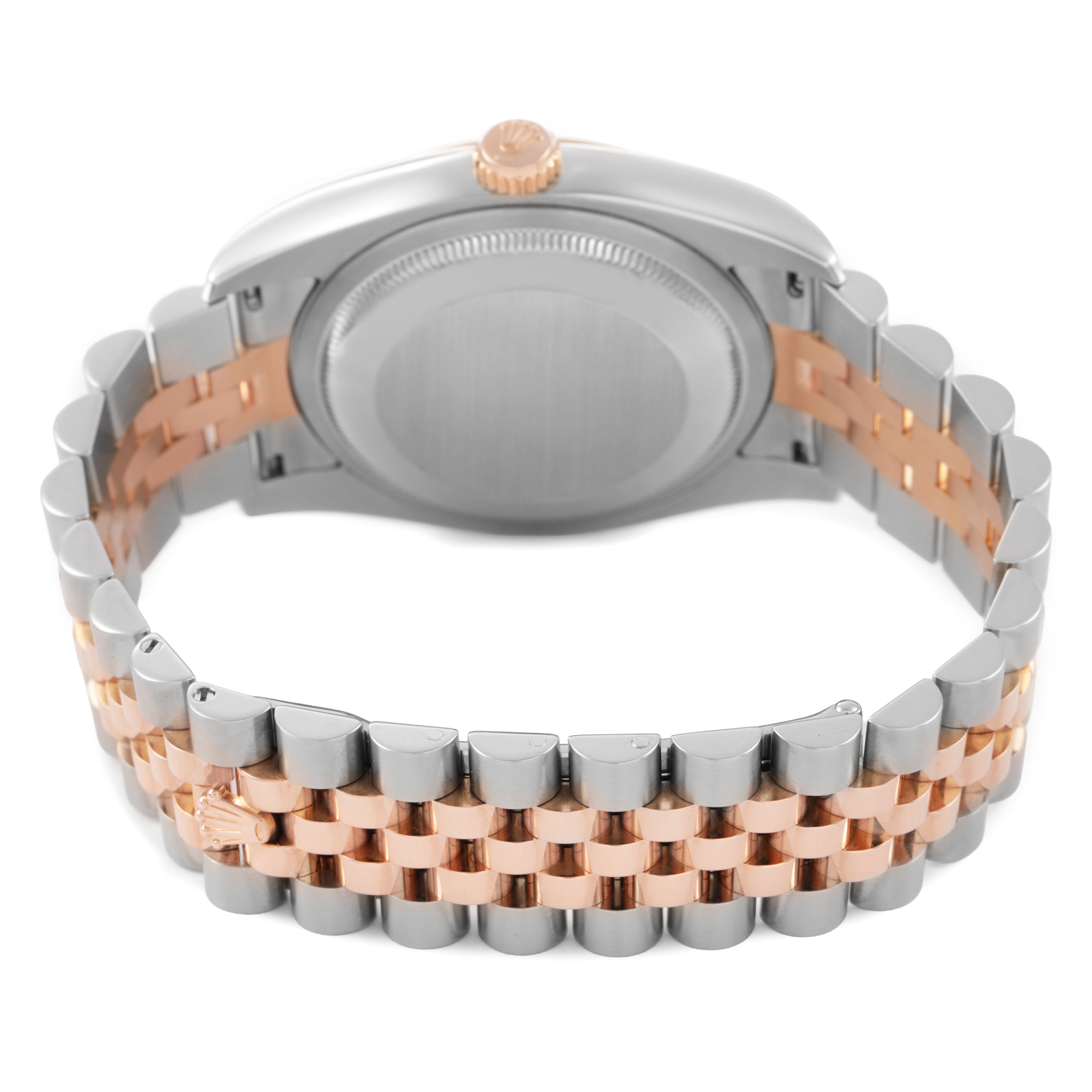 The image shows the back view of a Rolex Datejust 116231 Men's Steel and Gold (two tone) Pink Dial watch, highlighting the two-tone bracelet and case back.