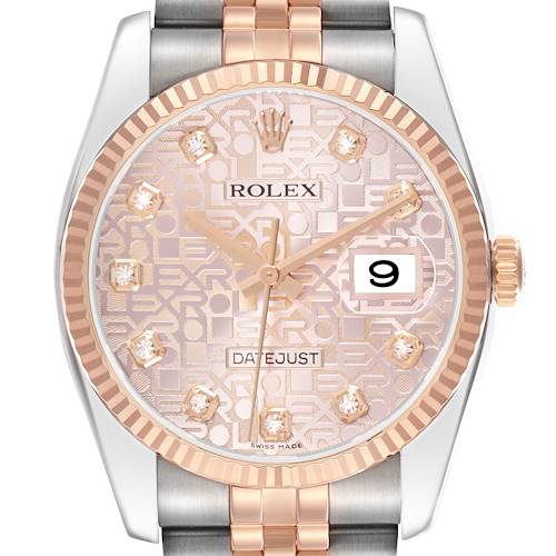 The Rolex Datejust 116231 Men's Steel and Gold (two tone) Pink Dial watch is shown from the front, highlighting the dial, hands, date, and bezel.