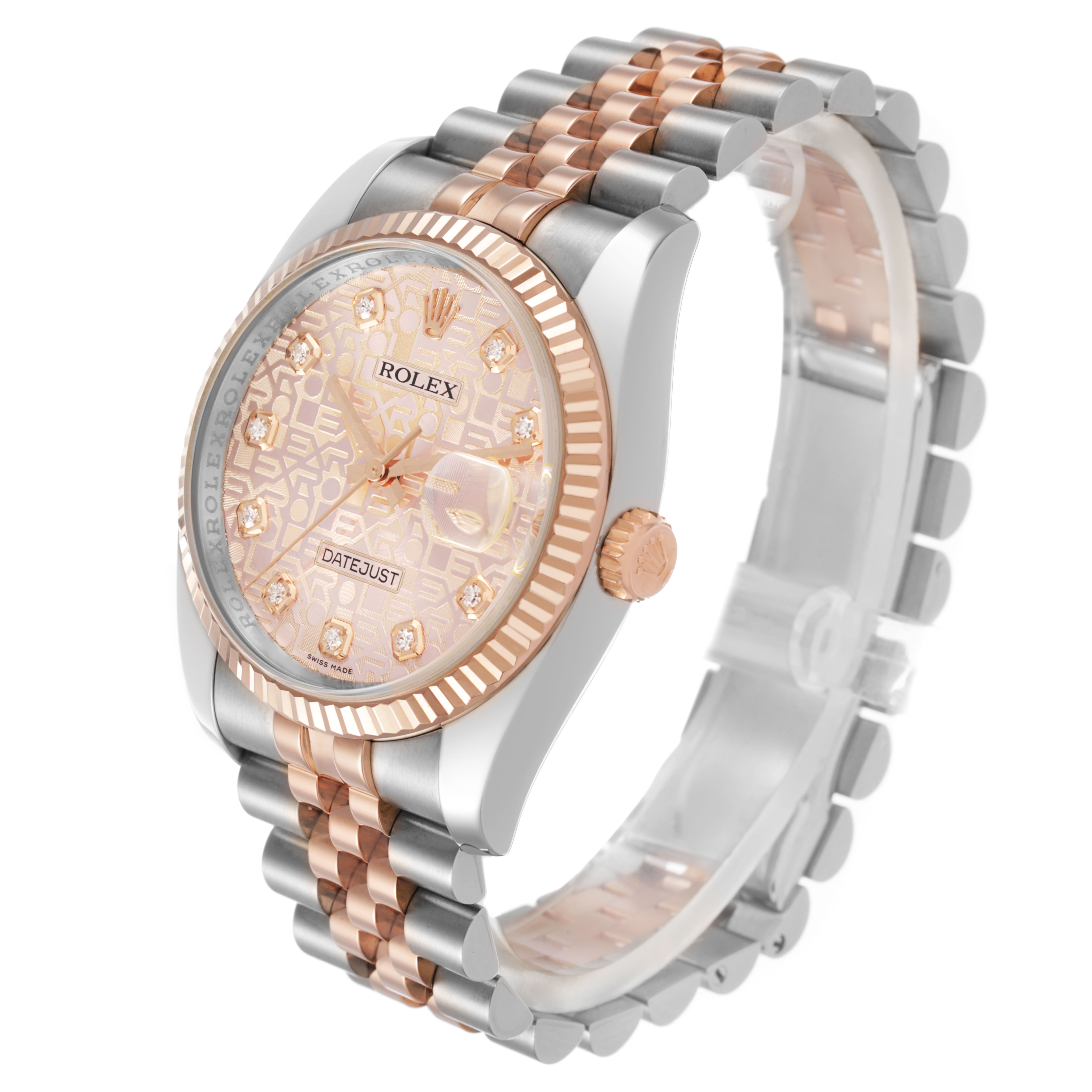 The Rolex Datejust 116231 Men's Steel and Gold (two tone) Pink Dial watch is shown at a 3/4 angle, highlighting the dial, bezel, crown, and two-tone bracelet.