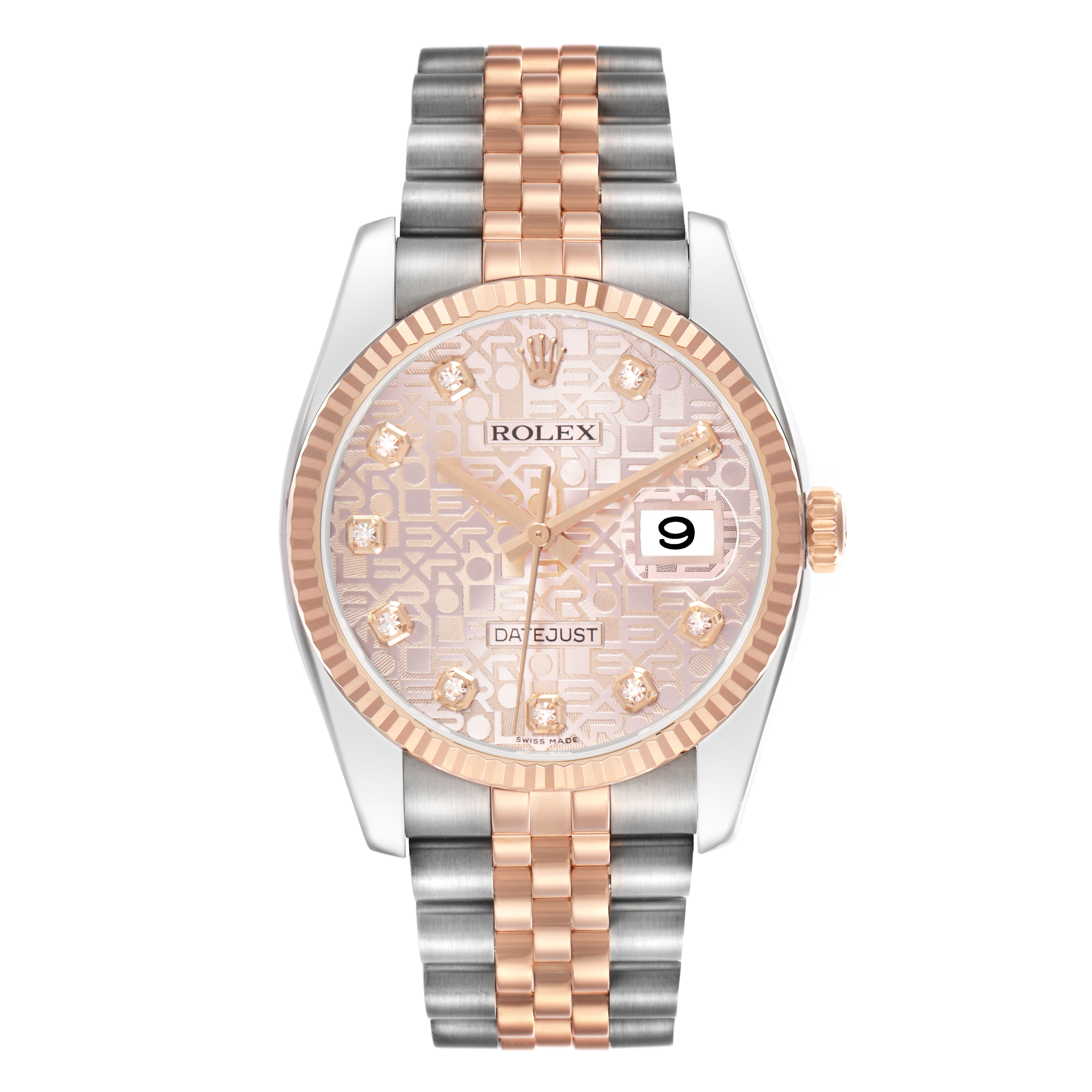 The image shows a Rolex Datejust 116231 Men's Steel and Gold (two tone) Pink Dial watch from a front angle, highlighting its face, bezel, bracelet, and crown.