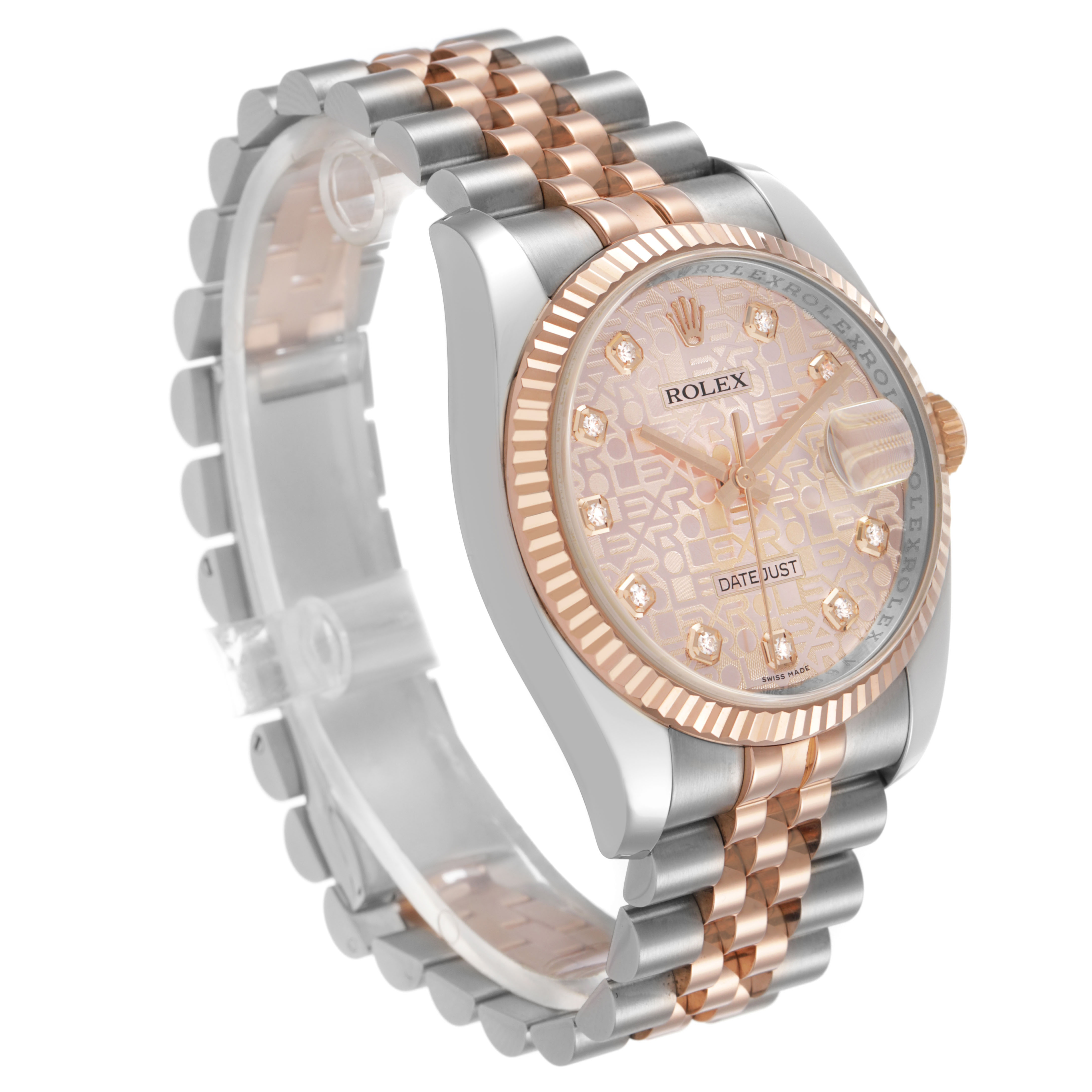 The Rolex Datejust 116231 Men's Steel and Gold (two tone) Pink Dial watch is shown at a three-quarter angle, highlighting the dial, bezel, and bracelet.