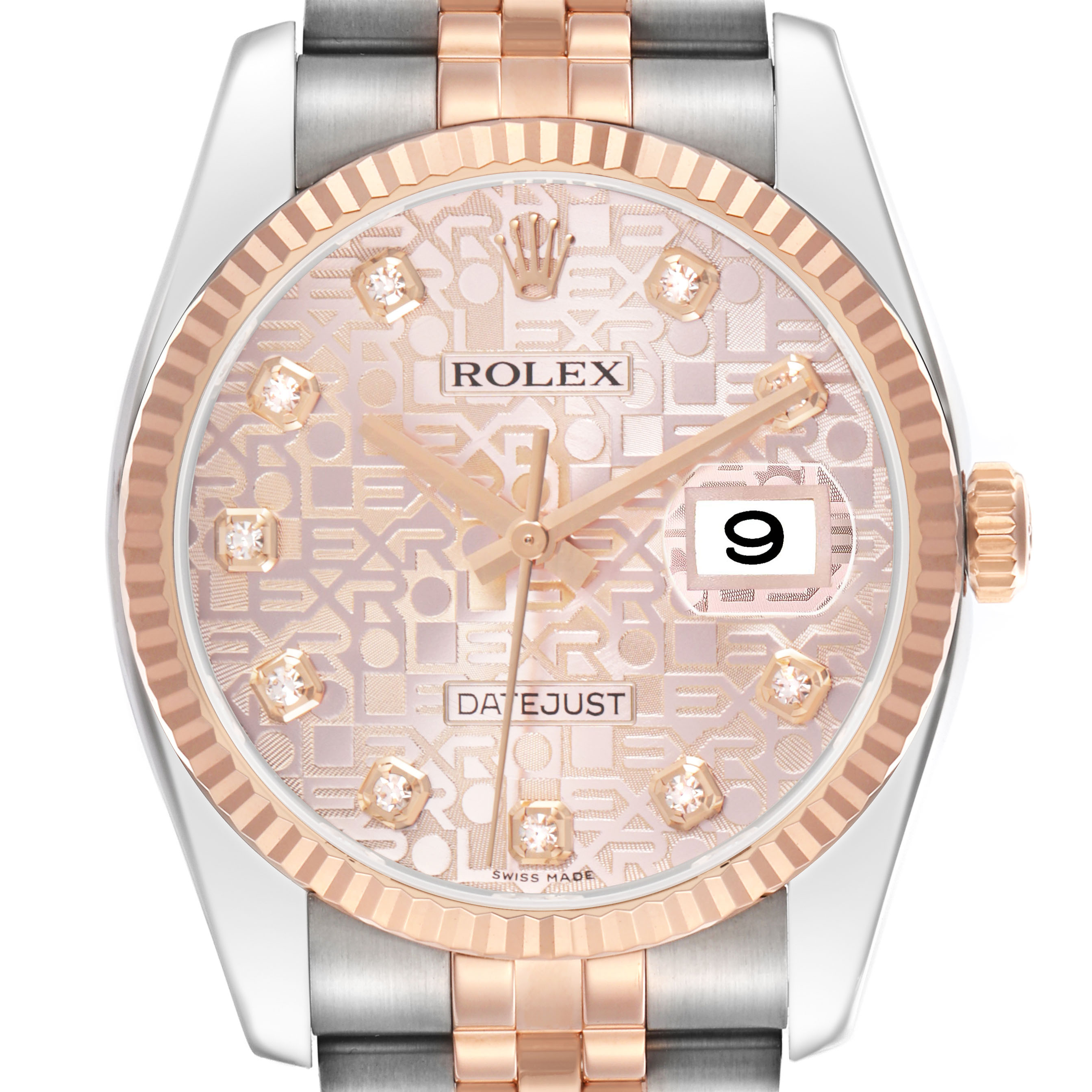 The Rolex Datejust 116231 Men's Steel and Gold (two tone) Pink Dial watch is shown from the front, highlighting the dial, hands, bezel, and part of the bracelet.