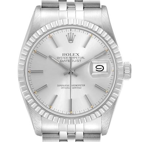 The Rolex Datejust 16030 Men's Stainless Steel Silver Dial watch is shown from a front angle, highlighting the dial, bezel, date window, and part of the bracelet.