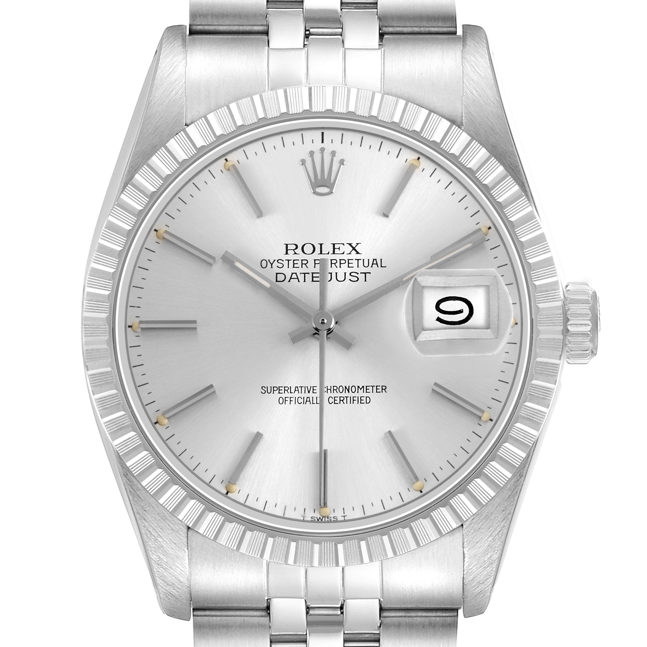 The image shows a frontal view of the Rolex Datejust 16030 Men's Stainless Steel Silver Dial watch, highlighting the dial, bezel, case, bracelet, and date window.