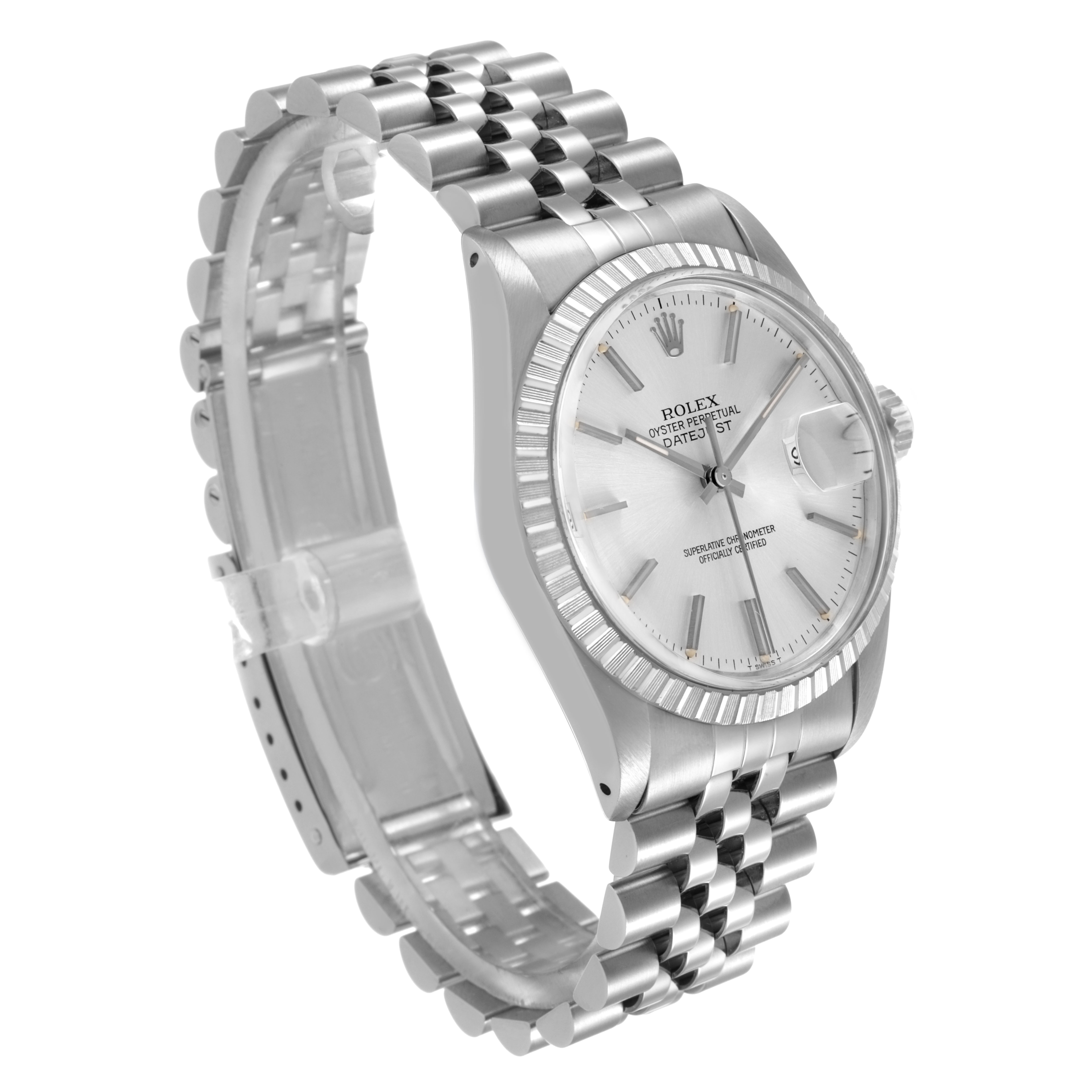 The Rolex Datejust 16030 Men's Stainless Steel Silver Dial watch is shown at a three-quarter angle, displaying the face, bezel, and jubilee bracelet.