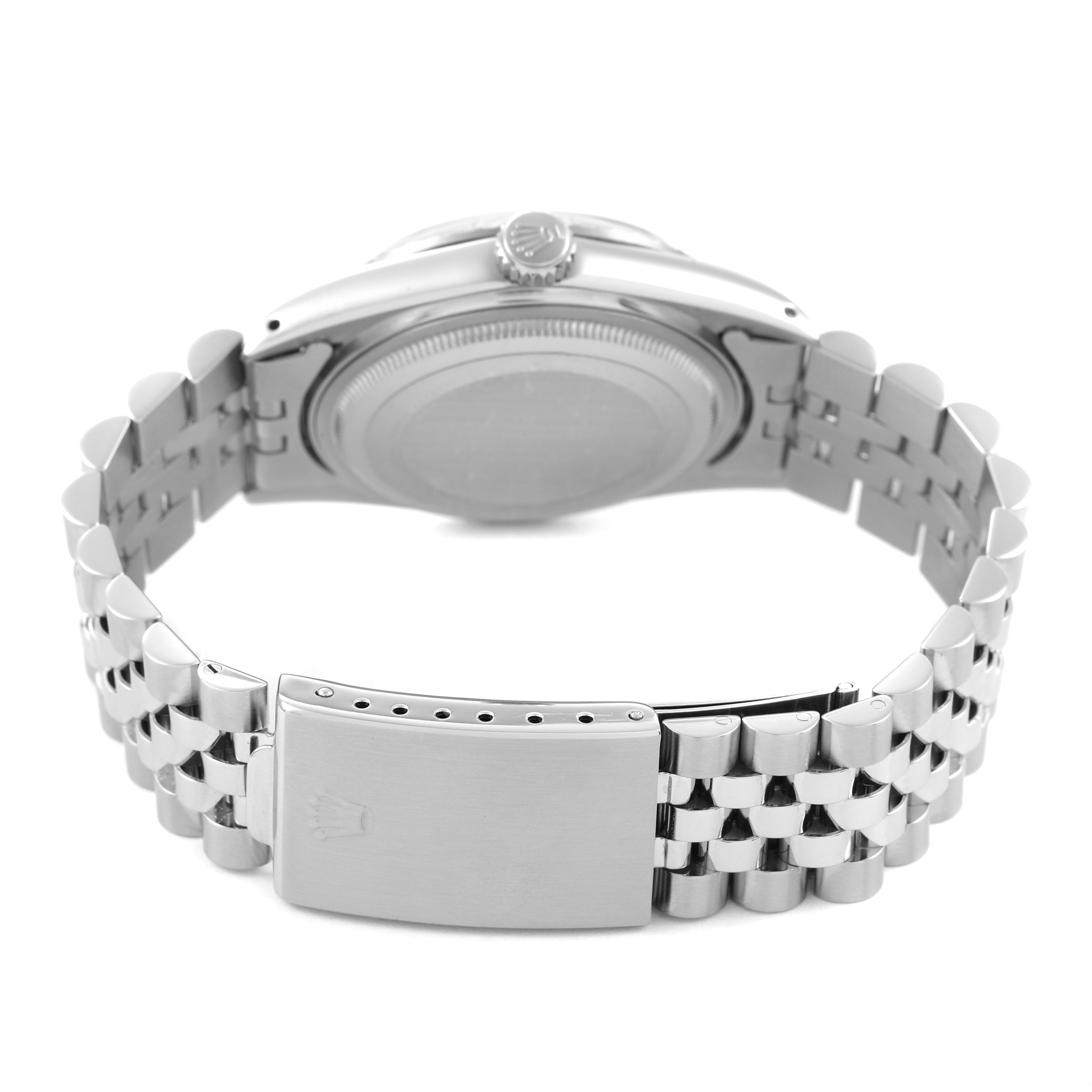 The image shows the back view of a Rolex Datejust 16030 Men's Stainless Steel Silver Dial, focusing on the bracelet and clasp.