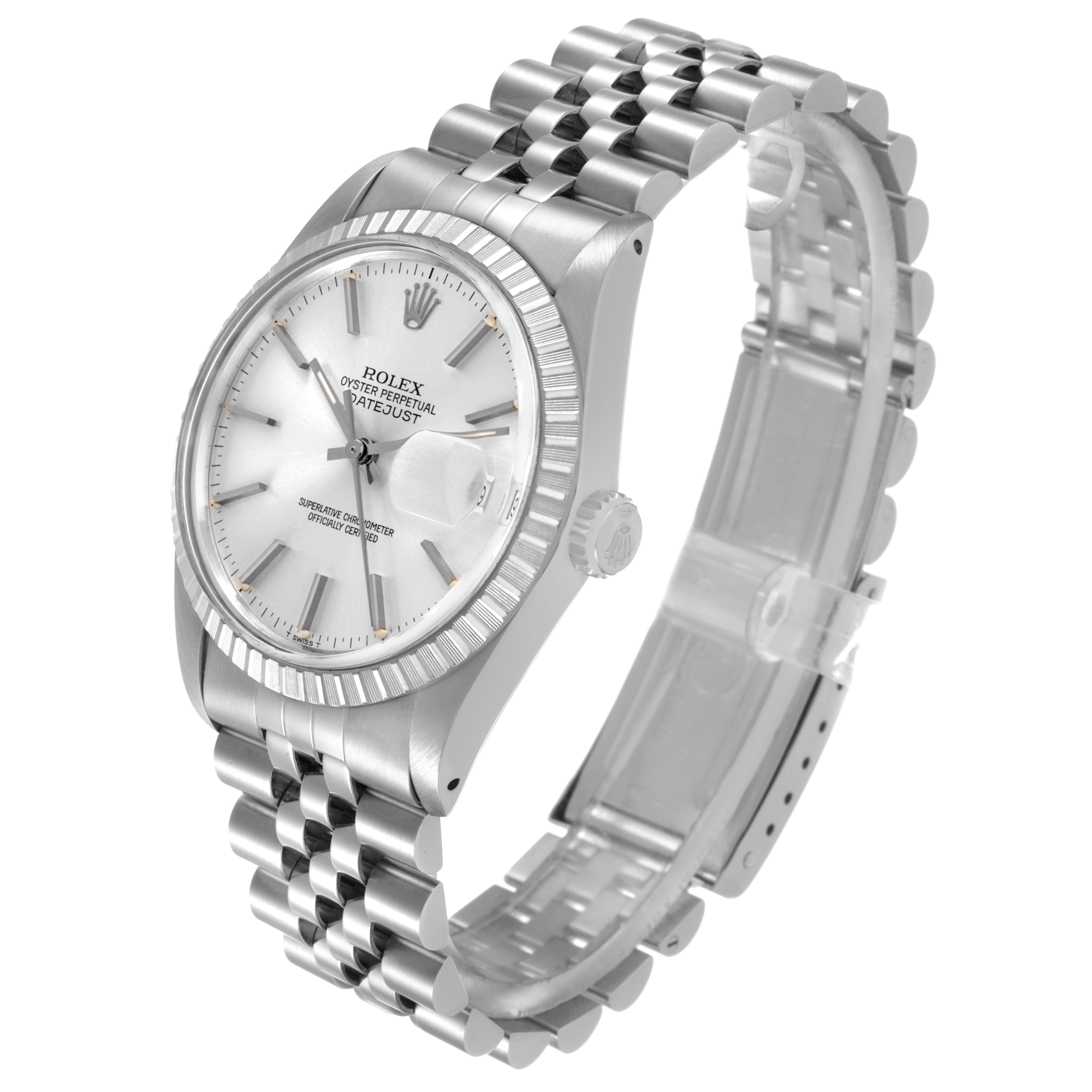 The image shows a Rolex Datejust 16030 Men's Stainless Steel Silver Dial watch from a side angle, displaying the face, fluted bezel, crown, and Jubilee bracelet.
