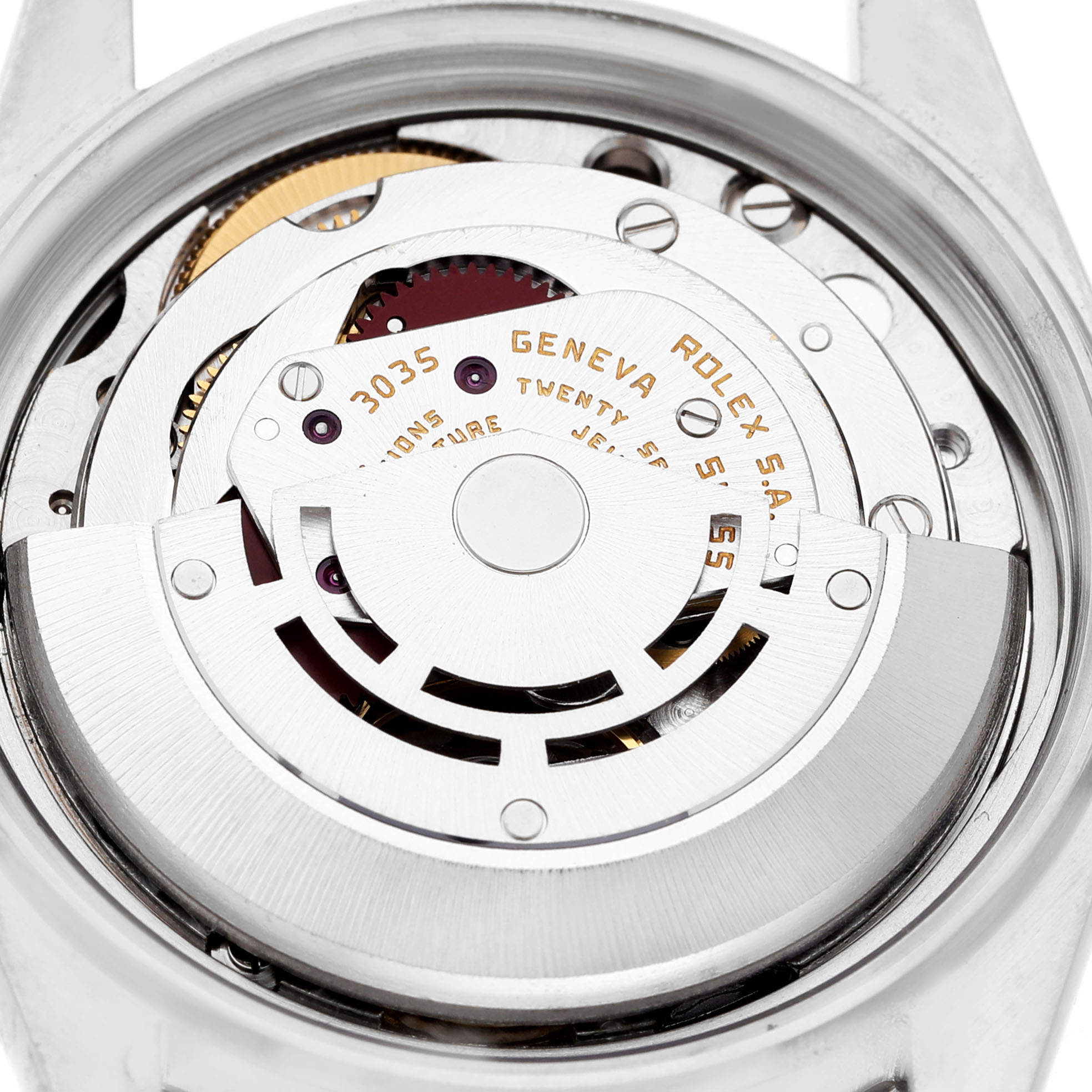The image shows the movement of a Rolex Datejust 16030 Men's Stainless Steel Silver Dial watch from the back, highlighting the rotor and intricate mechanical parts.