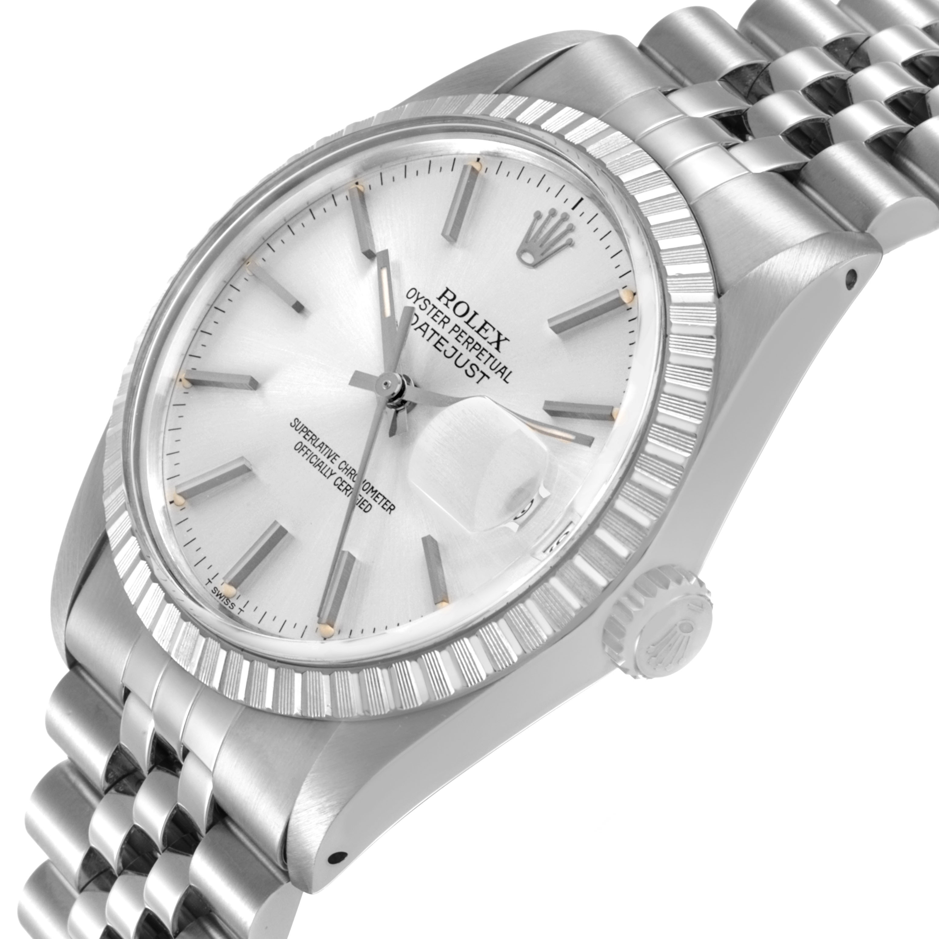 The image shows a side angle of a Rolex Datejust 16030 Men's Stainless Steel Silver Dial watch, highlighting the dial, bezel, crown, and part of the bracelet.
