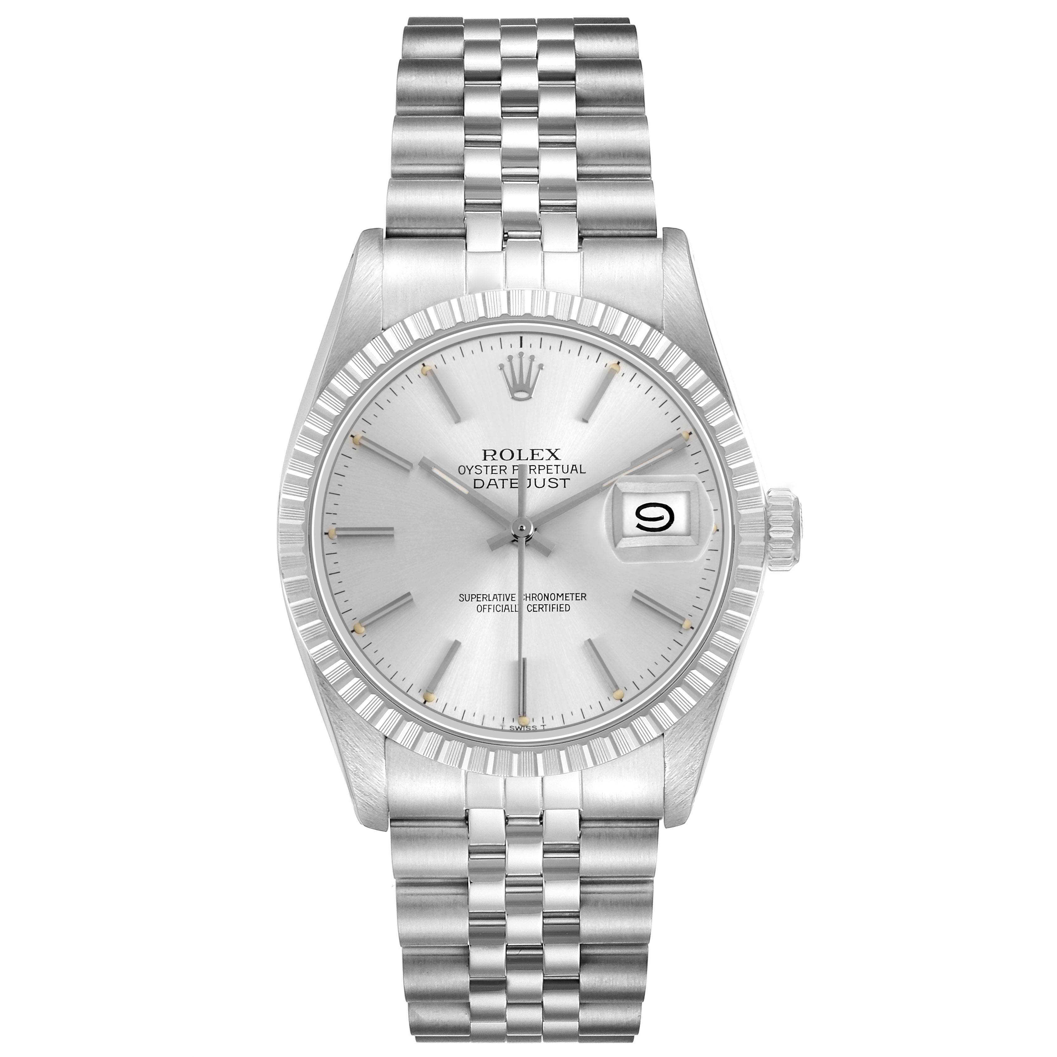 The Rolex Datejust 16030 Men's Stainless Steel Silver Dial watch is shown from a front angle, displaying the case, bracelet, dial, bezel, and date window.