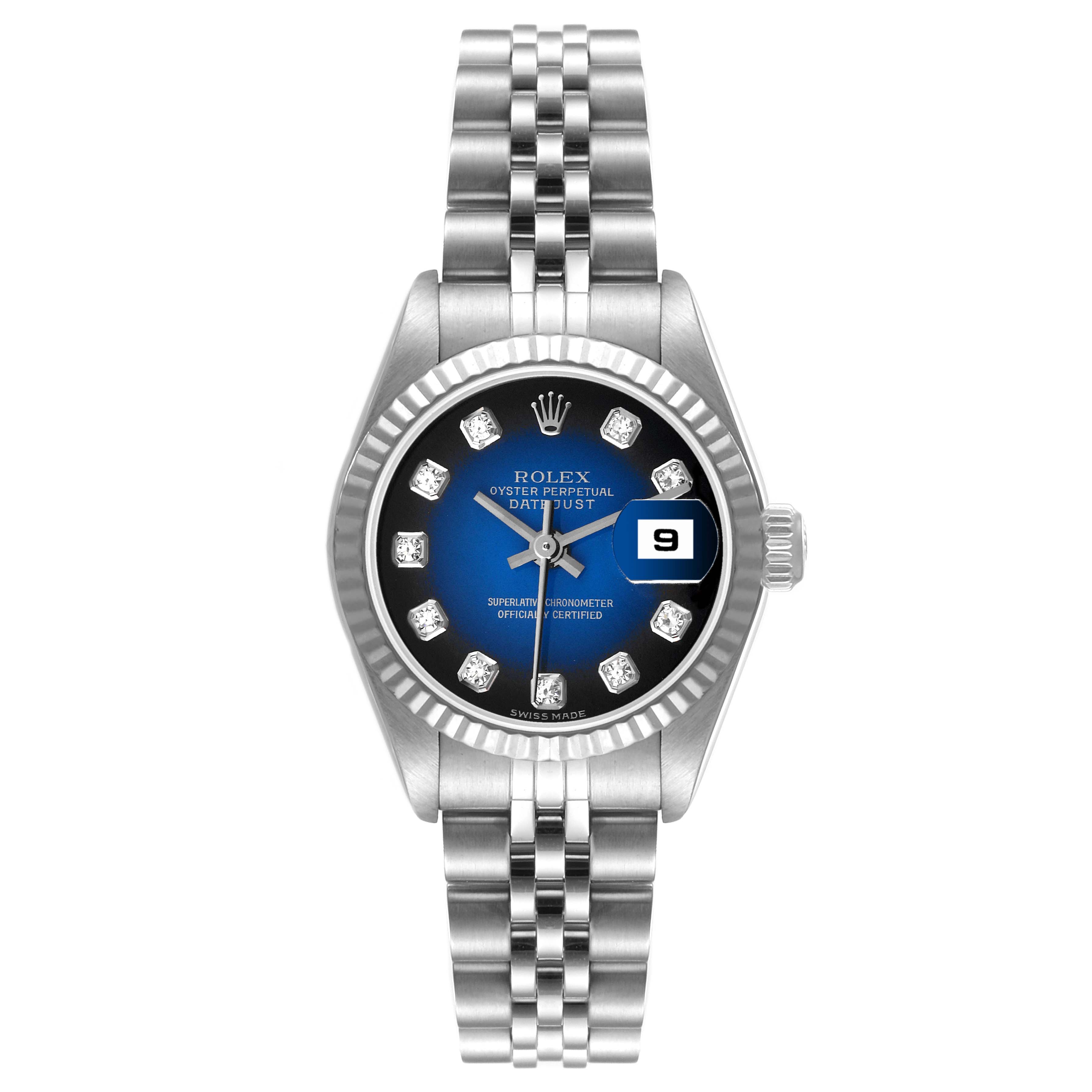 The image shows a frontal view of a Rolex Datejust 79174 Women's Stainless Steel Blue Dial 79174 Women's Stainless Steel Blue Dial watch, highlighting the dial, bezel, bracelet, and date display.