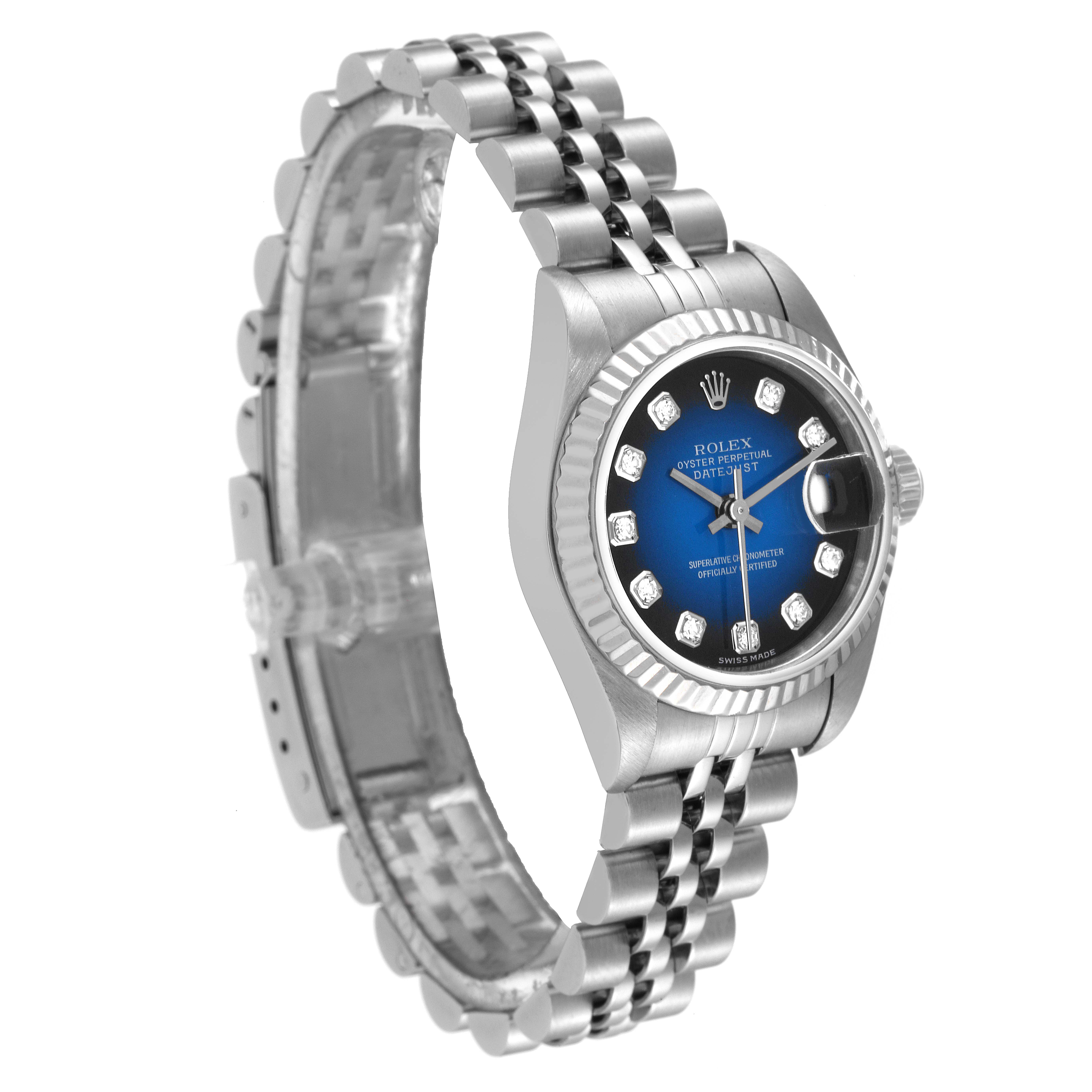 The image shows a Rolex Datejust 79174 Women's Stainless Steel Blue Dial 79174 Women's Stainless Steel Blue Dial watch at an angled side view, highlighting the face, bezel, and partial bracelet.