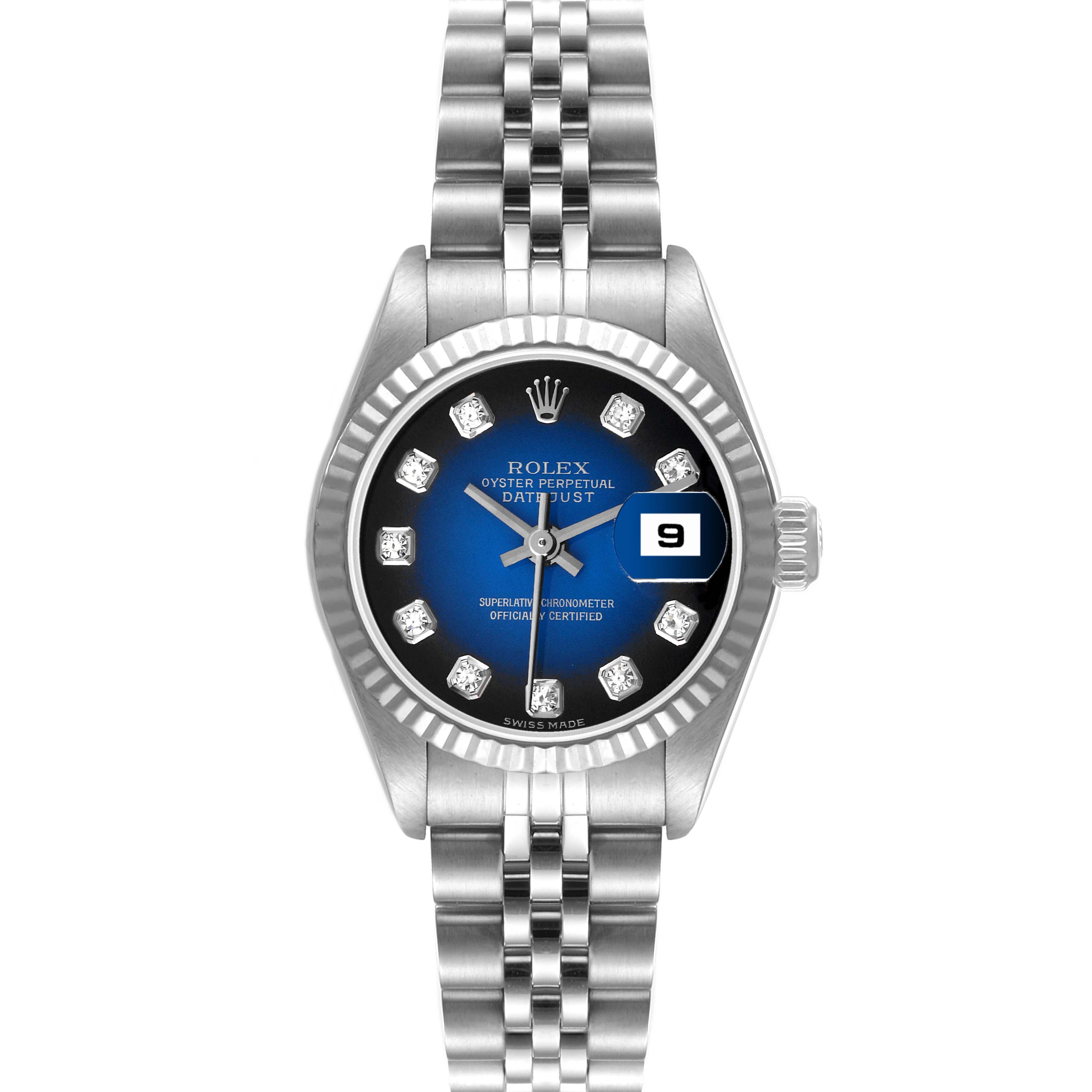 This Rolex Datejust 79174 Women's Stainless Steel Blue Dial 79174 Women's Stainless Steel Blue Dial watch is shown from a top-down angle displaying its blue dial, bezel, bracelet, and date window.