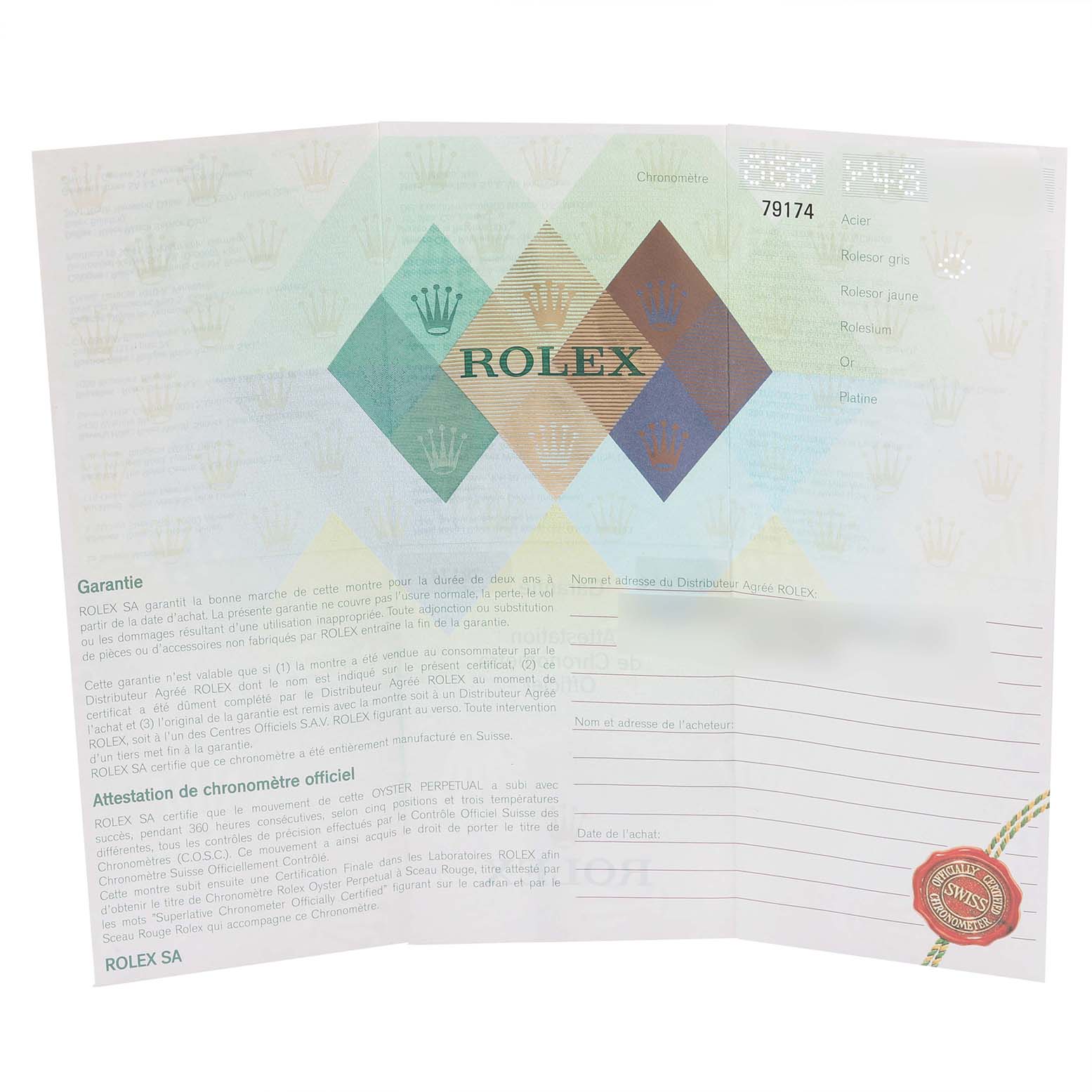 This image shows a warranty card or certificate for a Rolex Datejust 79174 Women's Stainless Steel Blue Dial 79174 Women's Stainless Steel Blue Dial watch.