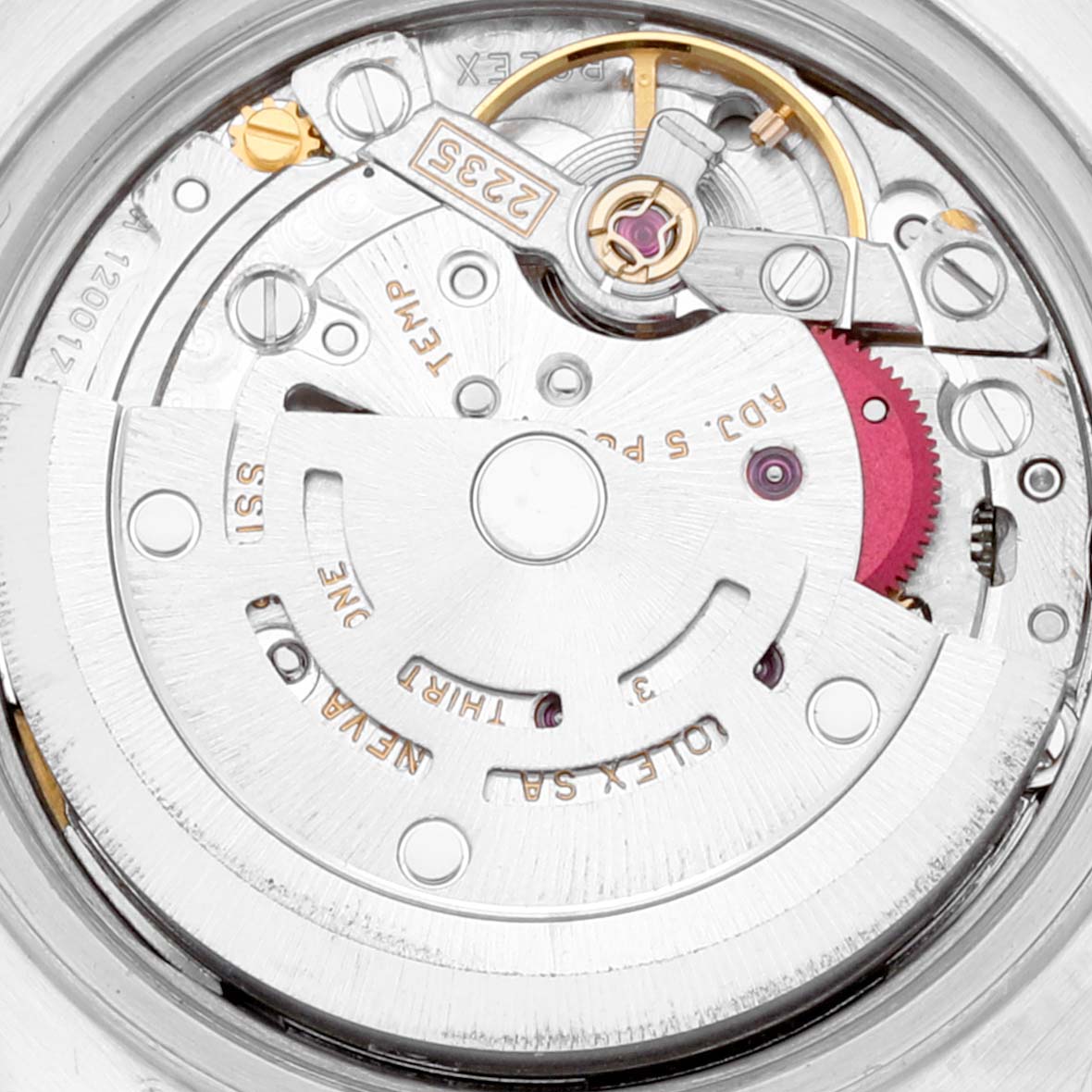 This image shows a close-up view of the movement of a Rolex Datejust 79174 Women's Stainless Steel Blue Dial 79174 Women's Stainless Steel Blue Dial watch, highlighting its intricate mechanical parts.