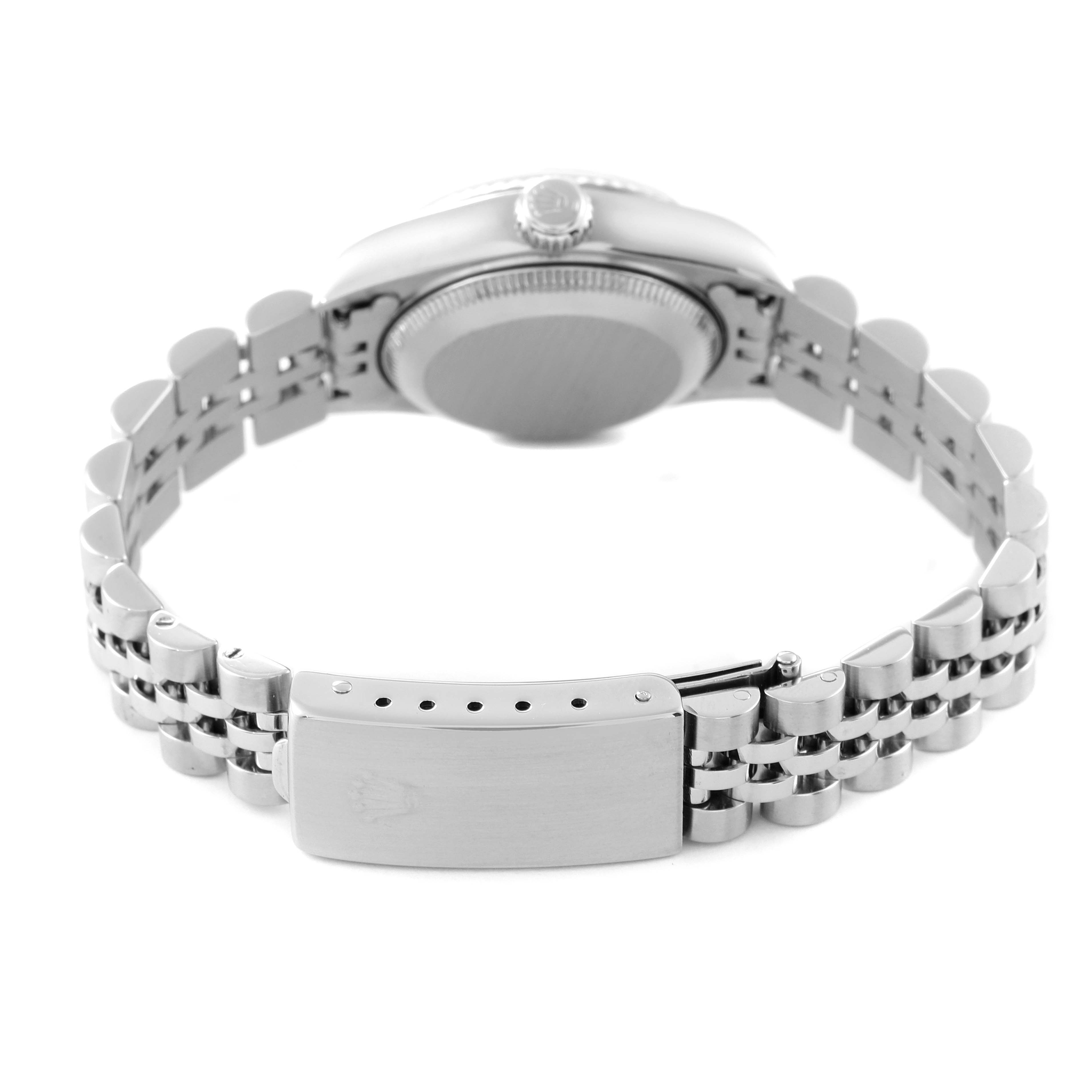 This image shows the back view of the Rolex Datejust 79174 Women's Stainless Steel Blue Dial 79174 Women's Stainless Steel Blue Dial watch, highlighting its bracelet, clasp, and caseback.