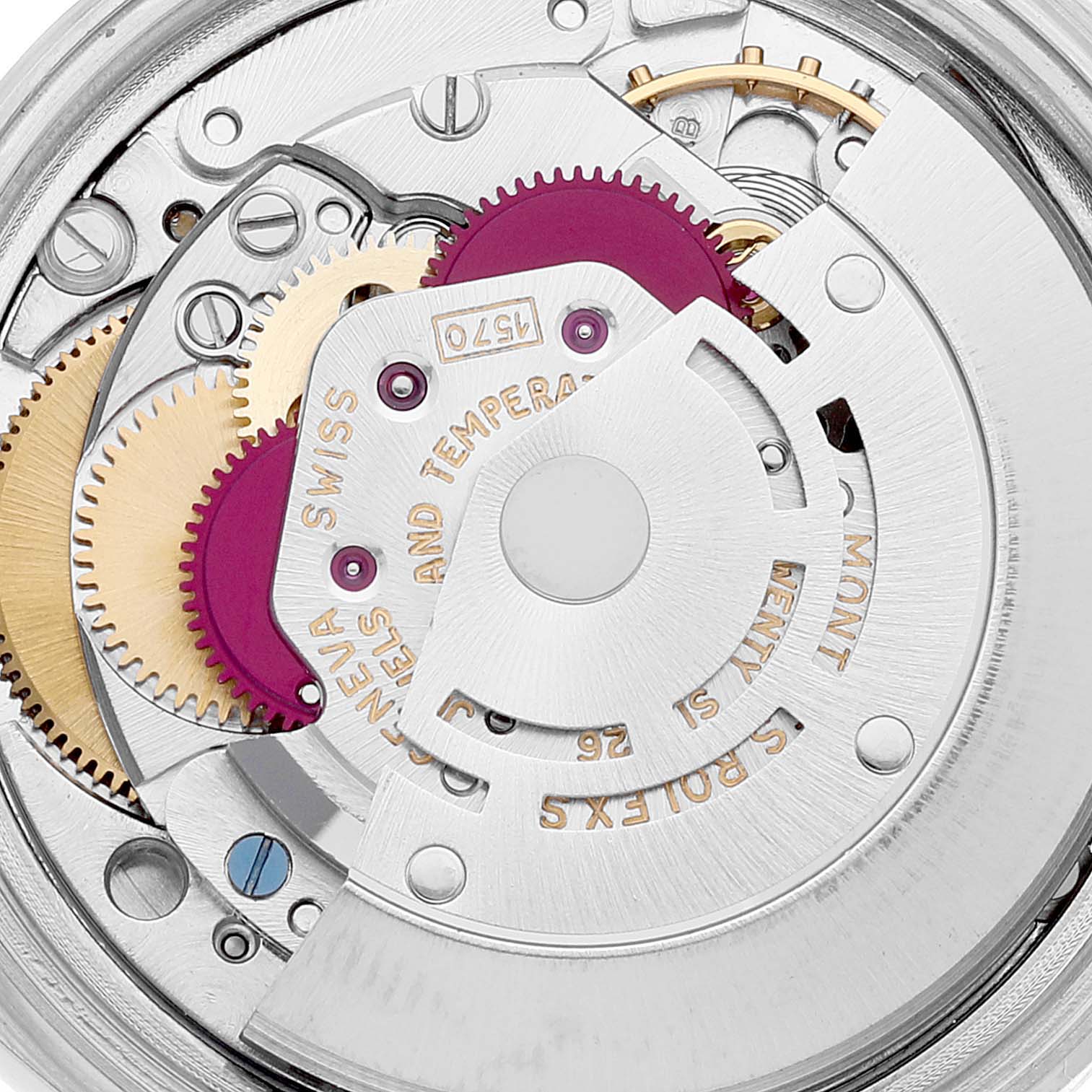 This image shows the intricate internal mechanism of the Rolex Vintage Collection 1601 Men
s Stainless Steel Silver Dial 1601 Men
s Stainless Steel Silver Dial model at a close-up angle.