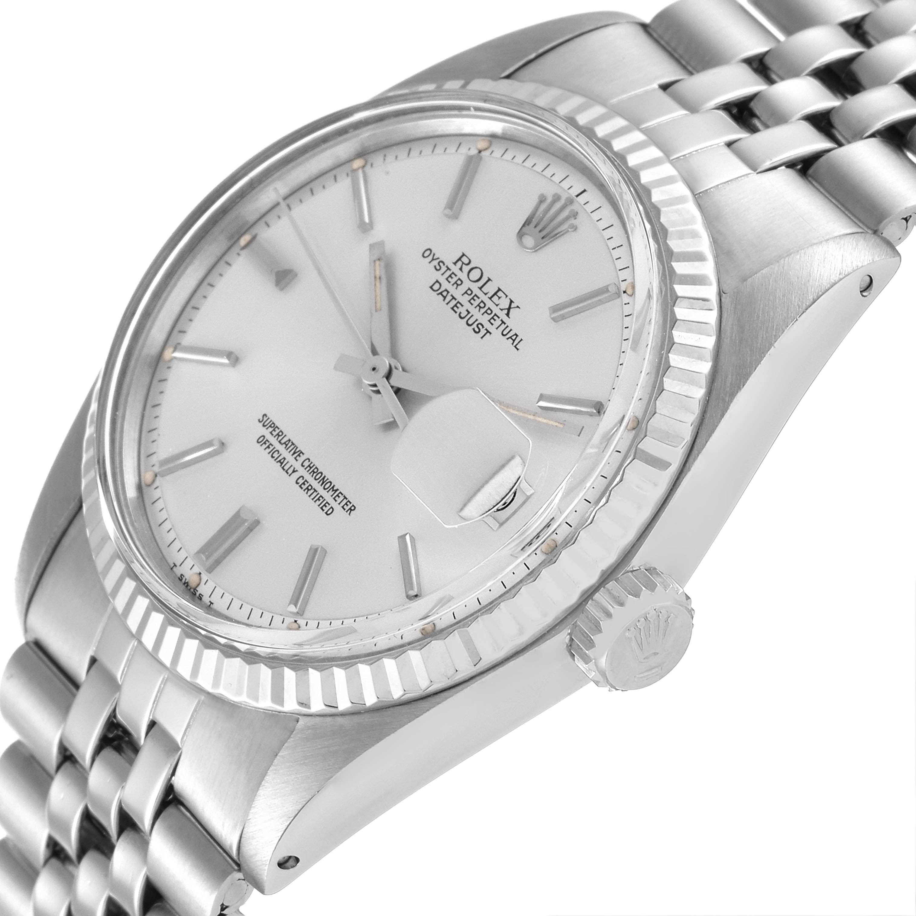 The image shows the Rolex Vintage Collection 1601 Men
s Stainless Steel Silver Dial 1601 Men
s Stainless Steel Silver Dial Datejust watch at an angle highlighting the face, bezel, crown, and metal bracelet.