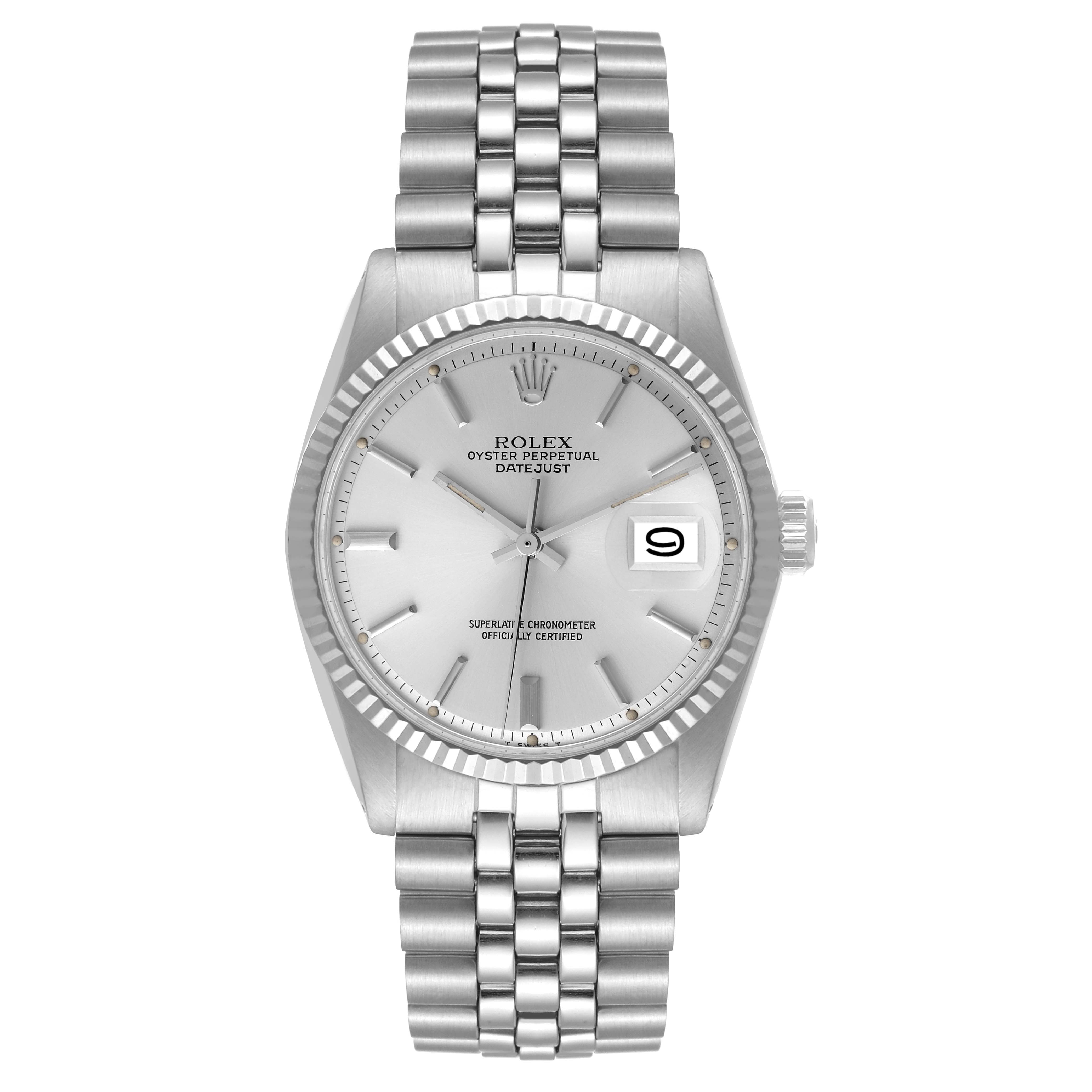 The Rolex Vintage Collection 1601 Men
s Stainless Steel Silver Dial 1601 Men
s Stainless Steel Silver Dial model is shown from the front, displaying its silver dial, date window, and stainless steel bracelet.