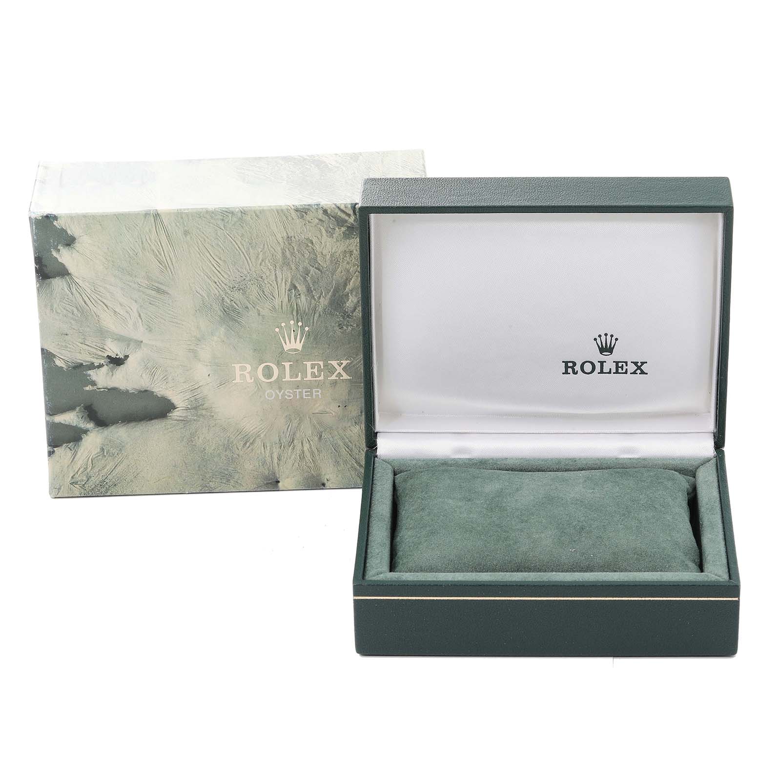 The image shows an open Rolex Vintage Collection 1601 Men
s Stainless Steel Silver Dial 1601 Men
s Stainless Steel Silver Dial watch box with the lid displaying the brand logo, and the carrying case next to it.