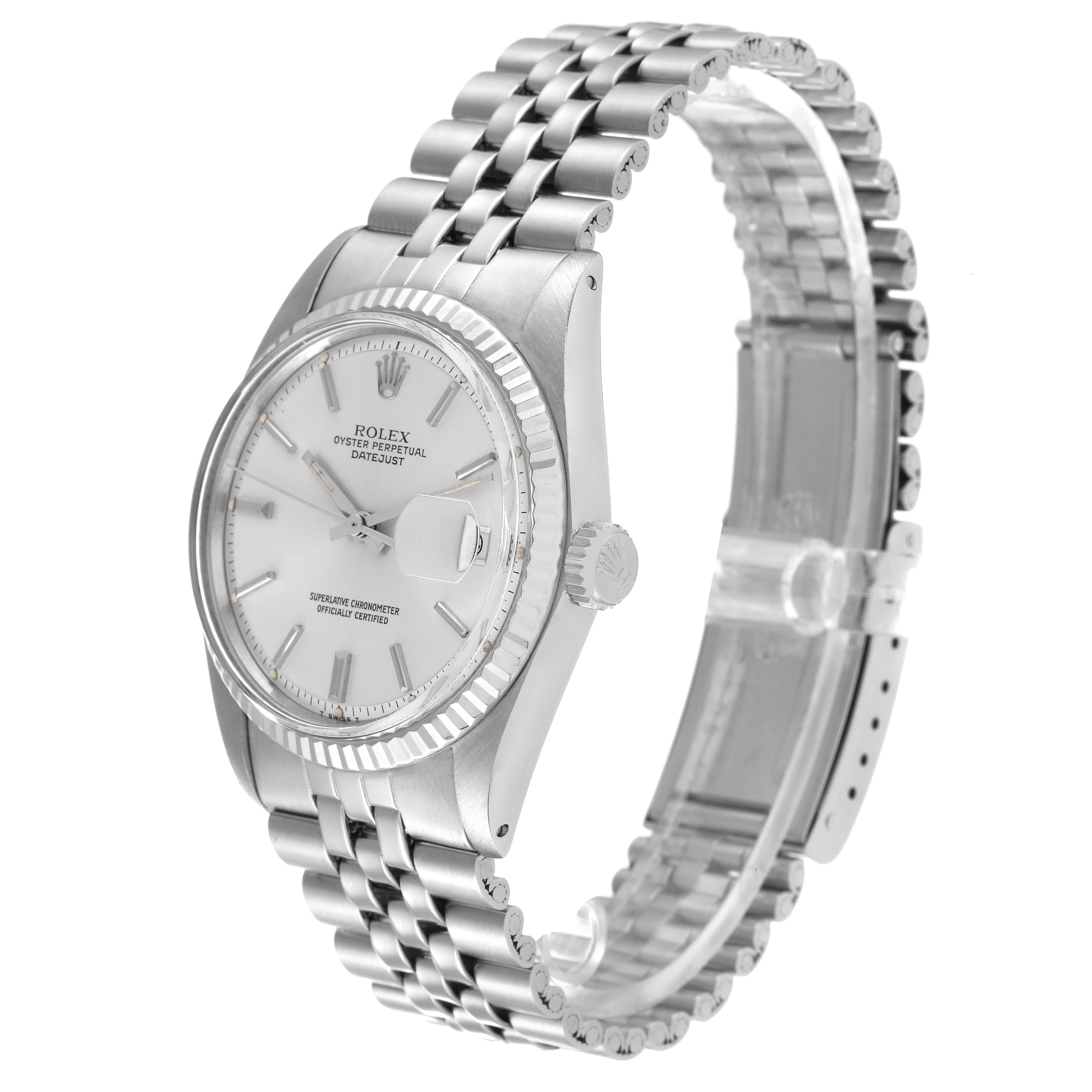 The image shows a side angle of the Rolex Vintage Collection 1601 Men
s Stainless Steel Silver Dial 1601 Men
s Stainless Steel Silver Dial watch, highlighting its face, bezel, crown, and stainless steel bracelet.