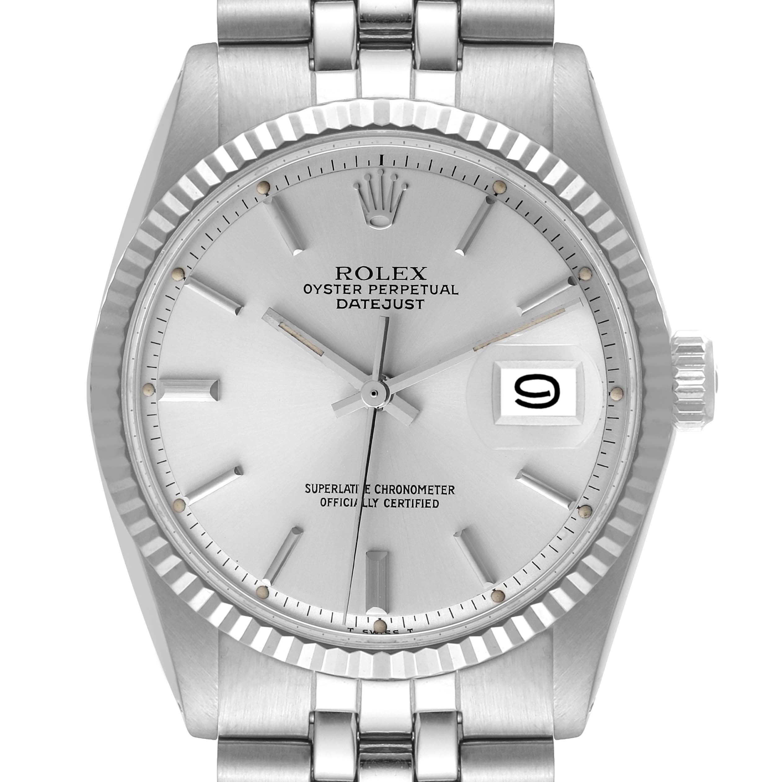 The image shows a front view of the Rolex Vintage Collection 1601 Men
s Stainless Steel Silver Dial 1601 Men
s Stainless Steel Silver Dial Oyster Perpetual Datejust watch, highlighting its dial, hands, and bracelet.