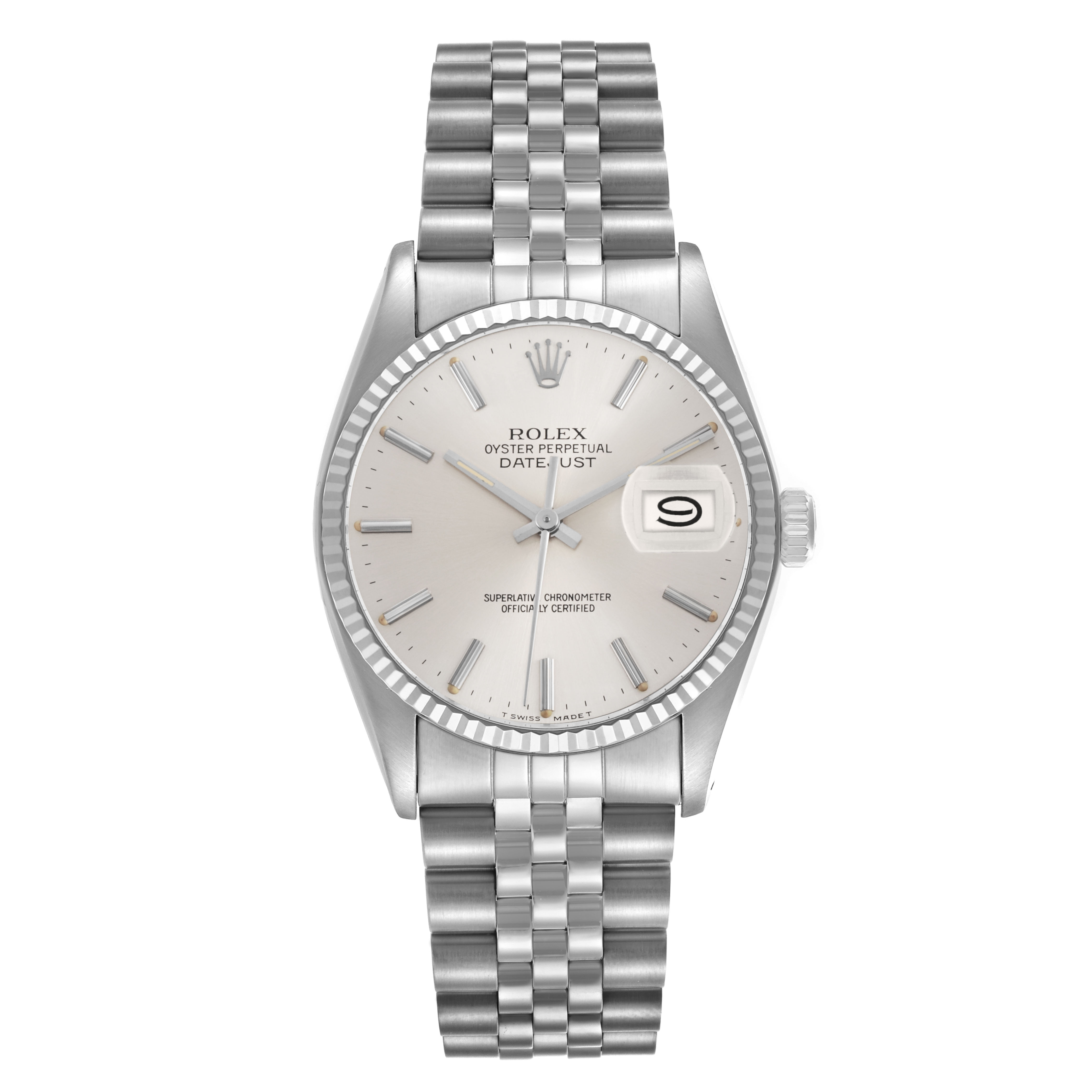 The Rolex Datejust 16014 Men's Stainless Steel Silver Dial watch is shown from a front angle, displaying the dial, bezel, date window, and Jubilee bracelet.