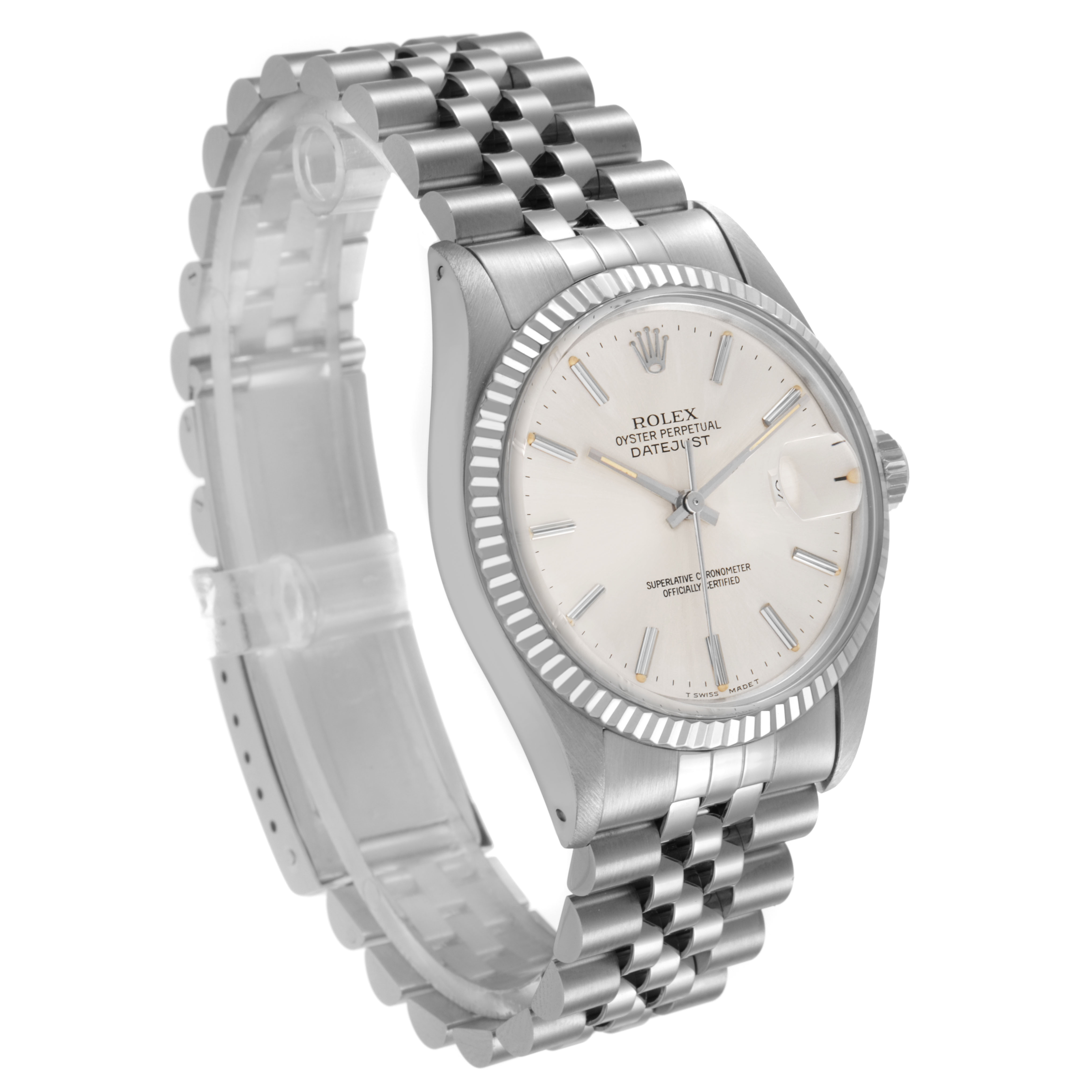The Rolex Datejust 16014 Men's Stainless Steel Silver Dial watch is shown at a three-quarter angle, highlighting the face, fluted bezel, crown, and Jubilee bracelet.