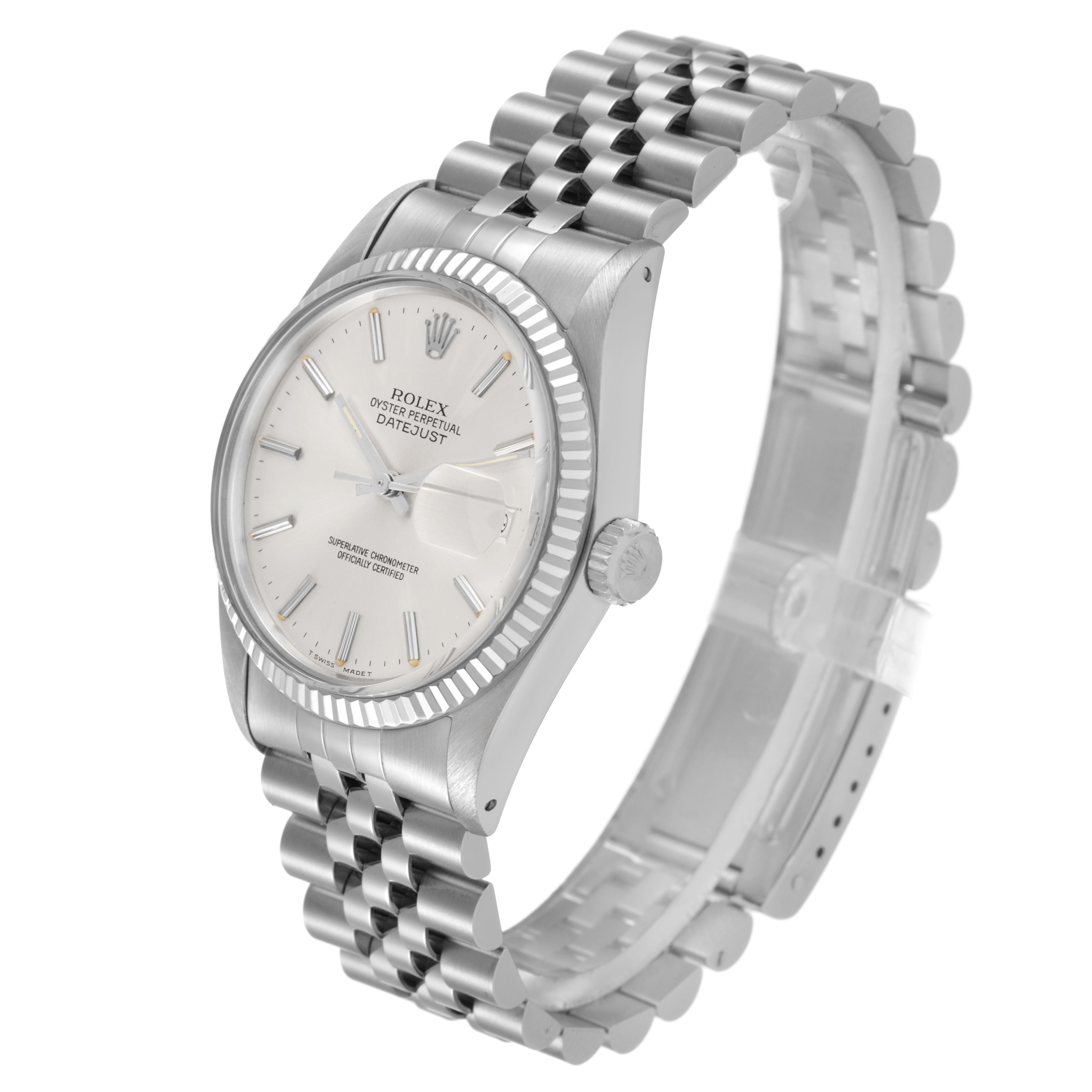 The Rolex Datejust 16014 Men's Stainless Steel Silver Dial watch is shown at a three-quarter angle, highlighting the dial, bezel, and Jubilee bracelet.