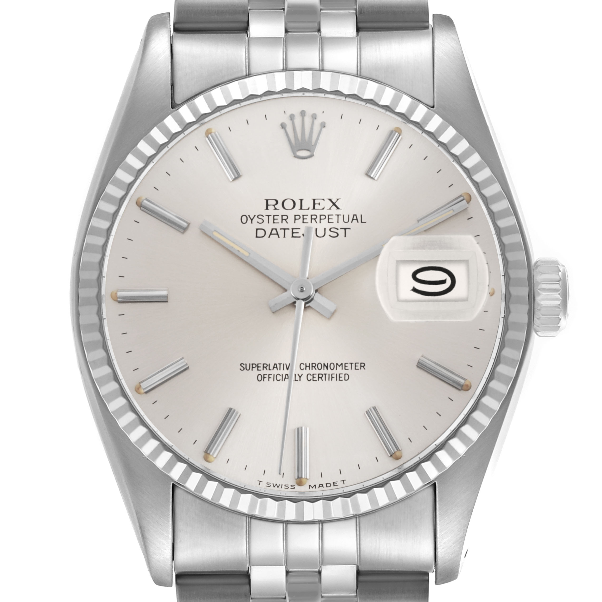 The Rolex Datejust 16014 Men's Stainless Steel Silver Dial watch is shown from the front, highlighting its face, hands, date feature, and the top of the bracelet.