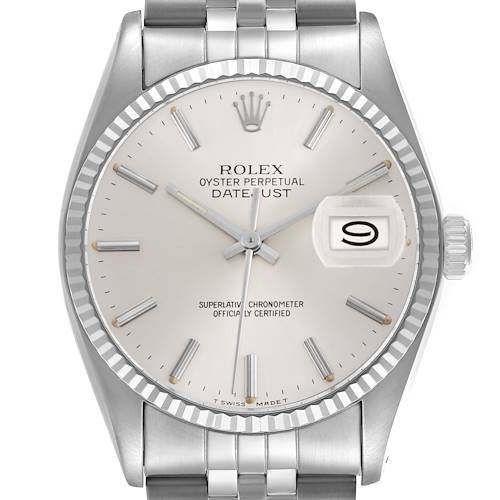 The Rolex Datejust 16014 Men's Stainless Steel Silver Dial watch is shown from the front, highlighting its face, bezel, and part of the bracelet.