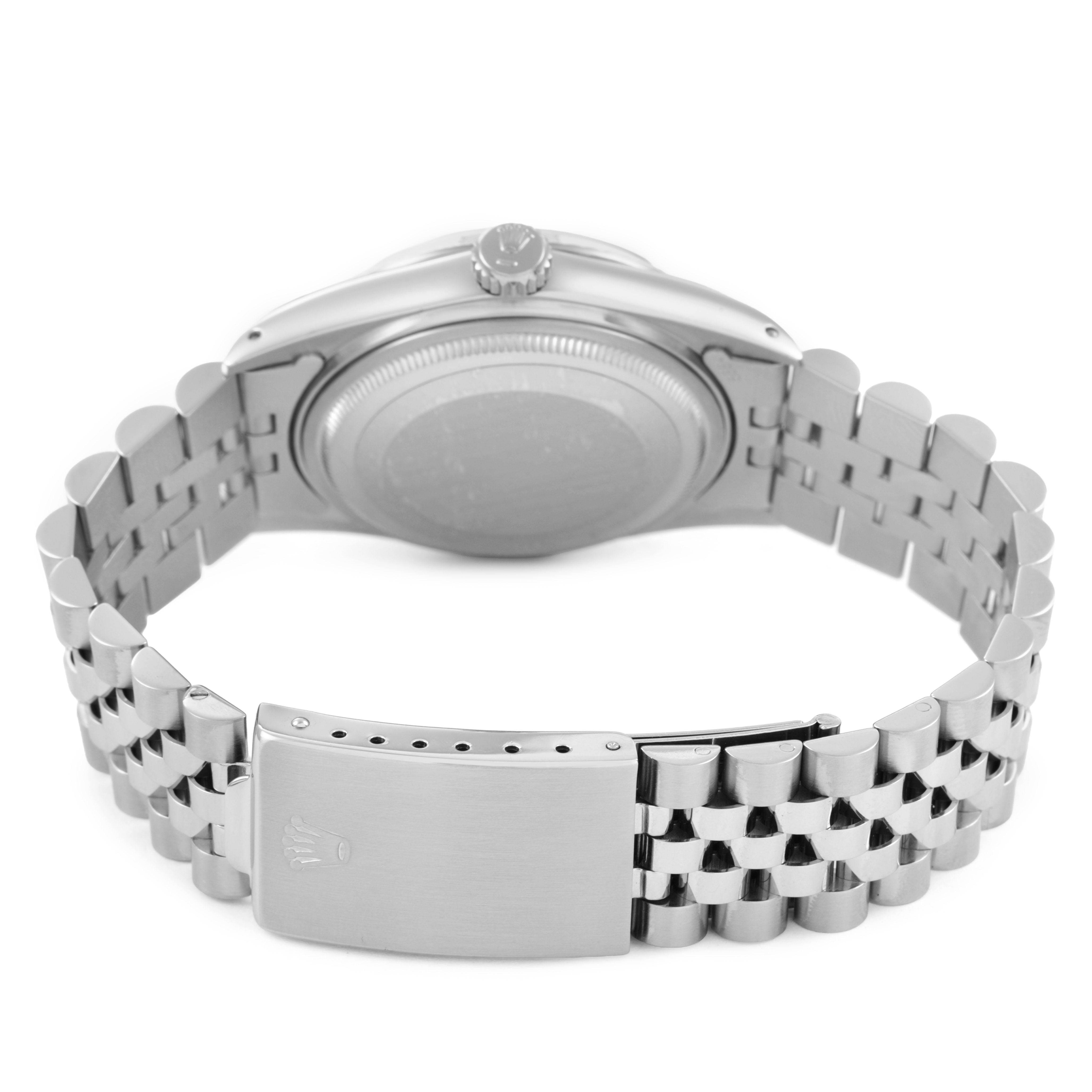 The image shows the back view of a Rolex Datejust 16014 Men's Stainless Steel Silver Dial watch, highlighting the clasp and the bracelet.