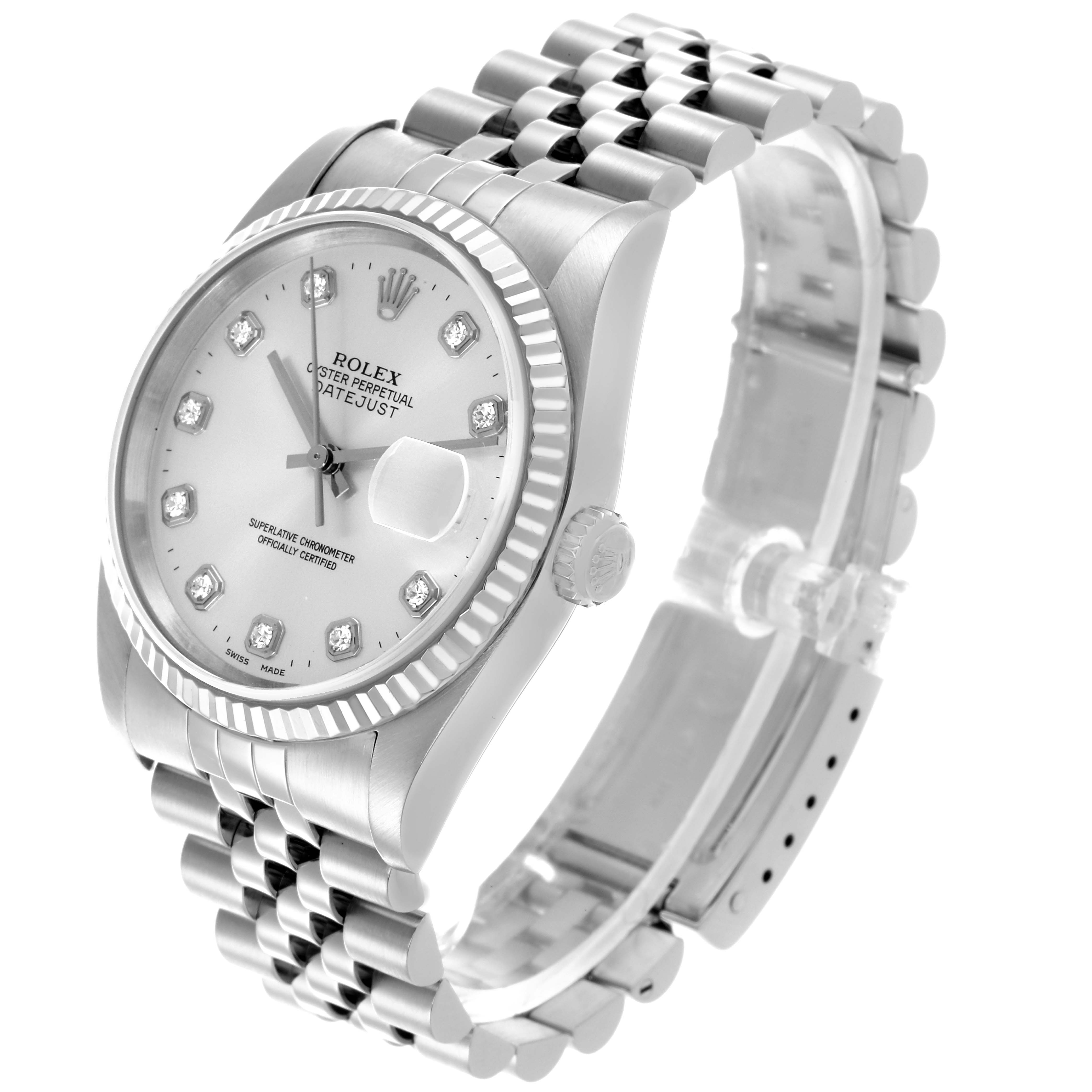 The Rolex Datejust 16234 Men
s Stainless Steel Silver Dial 16234 Men
s Stainless Steel Silver Dial watch is shown at a slight angle, highlighting the dial, fluted bezel, and jubilee bracelet.
