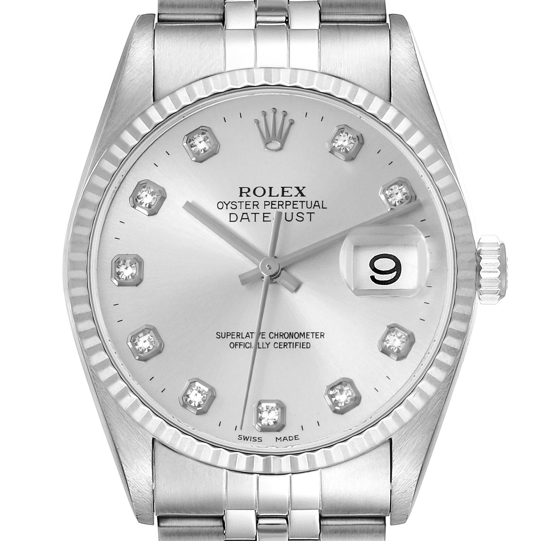 The Rolex Datejust 16234 Men
s Stainless Steel Silver Dial 16234 Men
s Stainless Steel Silver Dial watch is shown from the front, displaying the face, bracelet links, fluted bezel, crown, and date window.