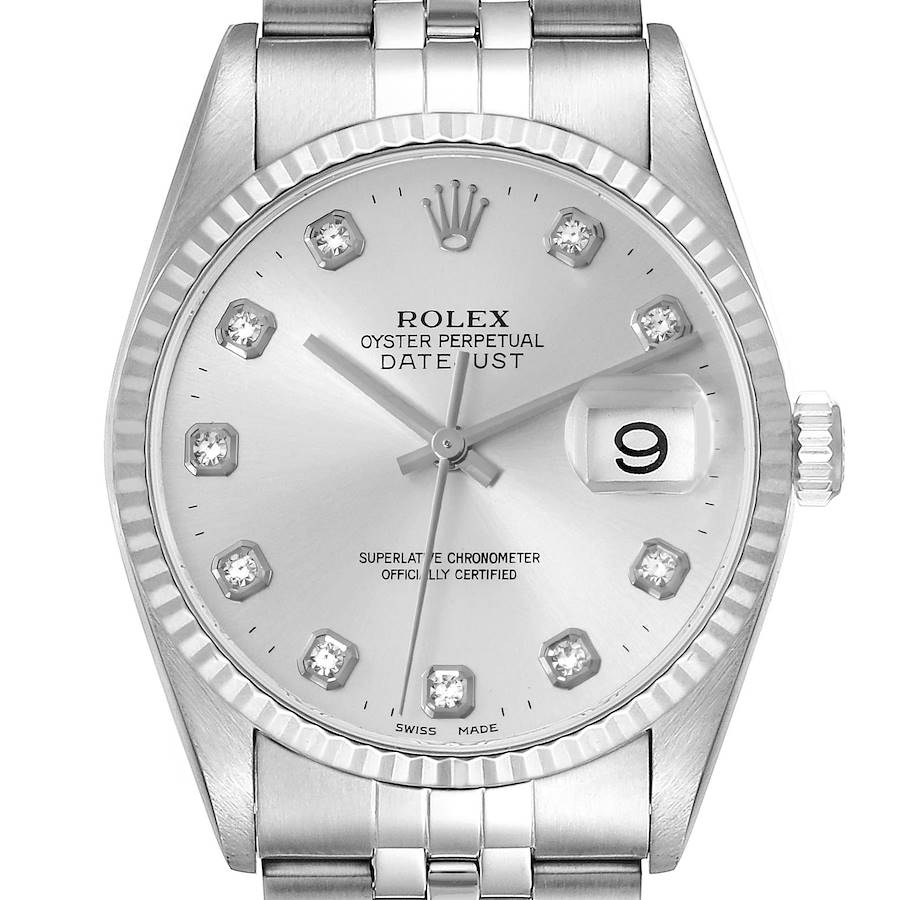 The Rolex Datejust watch is shown from the front, displaying the face, bracelet links, fluted bezel, crown, and date window.