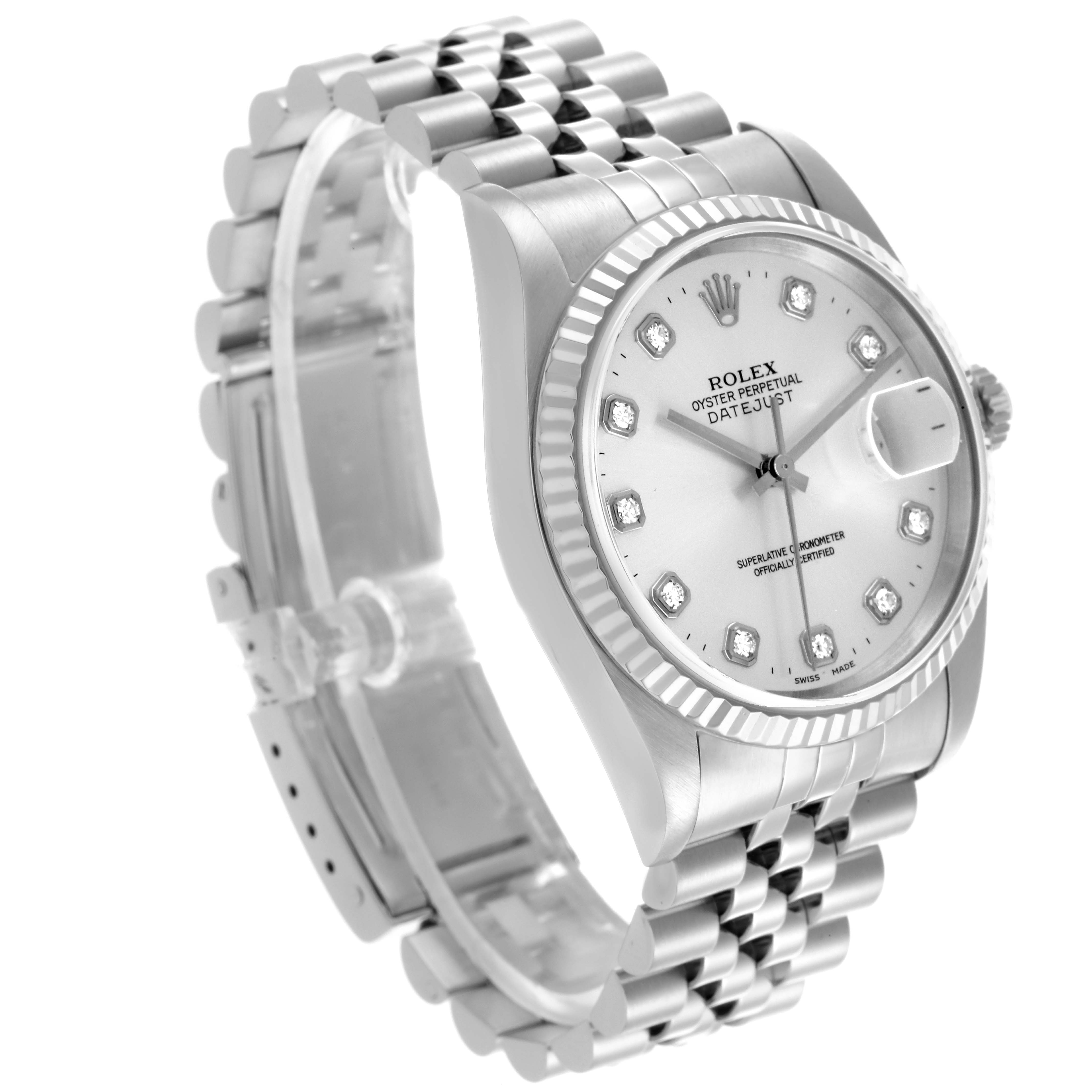 The Rolex Datejust 16234 Men
s Stainless Steel Silver Dial 16234 Men
s Stainless Steel Silver Dial watch is shown at a three-quarter angle, highlighting the dial, bezel, and bracelet.
