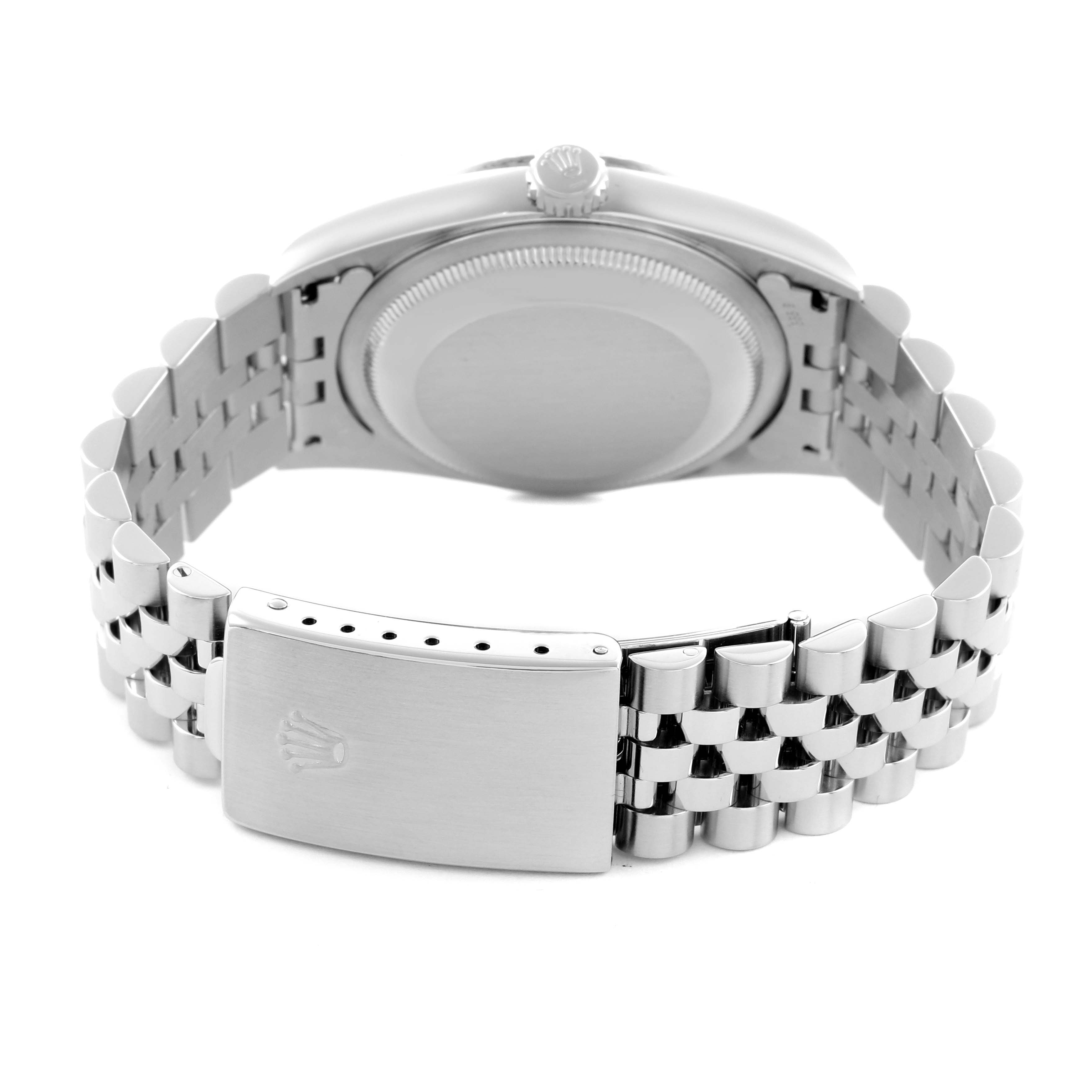 The image shows the back and clasp of a Rolex Datejust 16234 Men
s Stainless Steel Silver Dial 16234 Men
s Stainless Steel Silver Dial watch from a rear angle.