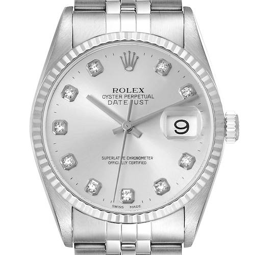 The Rolex Datejust watch is shown from a front angle, displaying the dial, fluted bezel, and part of the bracelet.