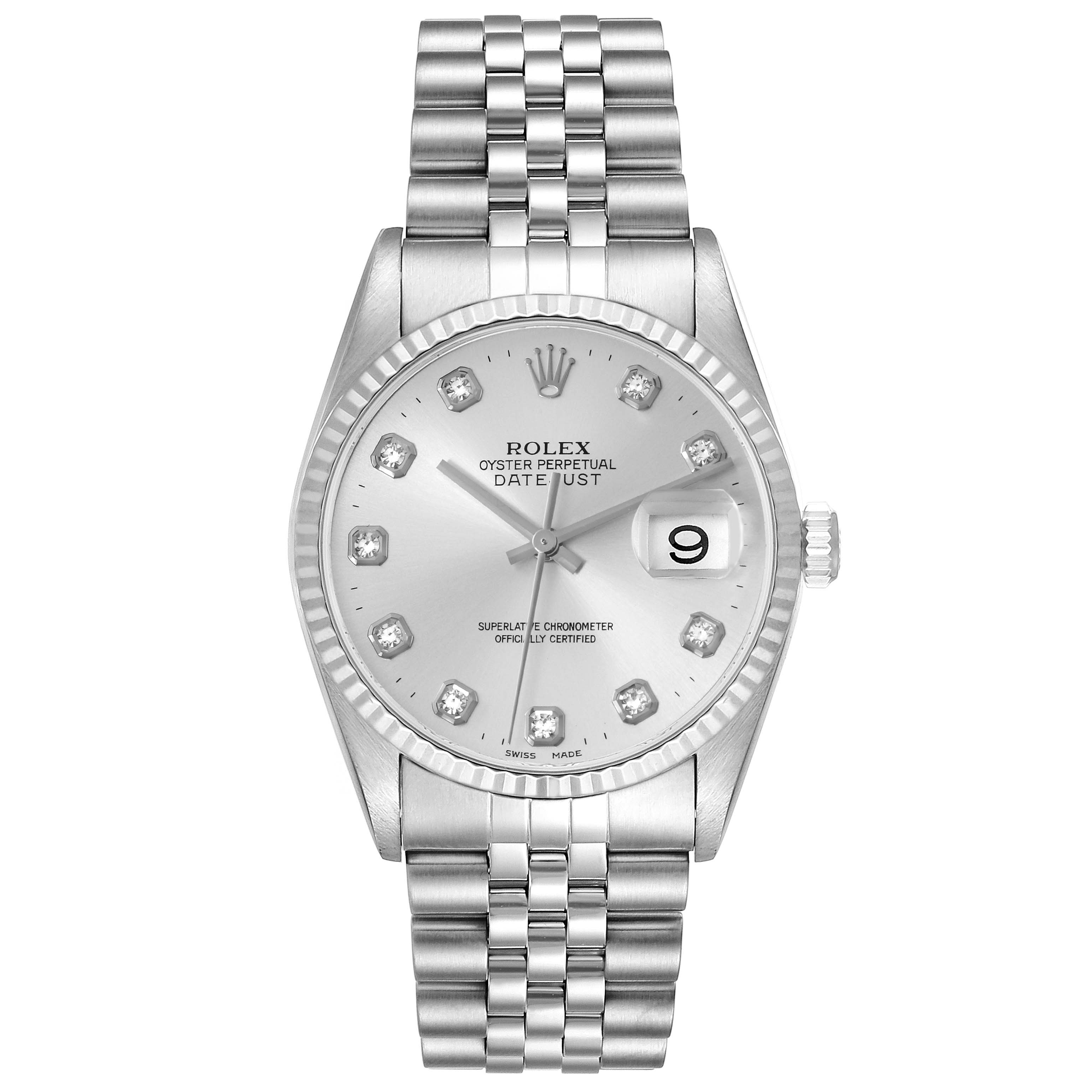 The Rolex Datejust 16234 Men
s Stainless Steel Silver Dial 16234 Men
s Stainless Steel Silver Dial watch is shown from the front, displaying its dial, bezel, bracelet, and date feature.