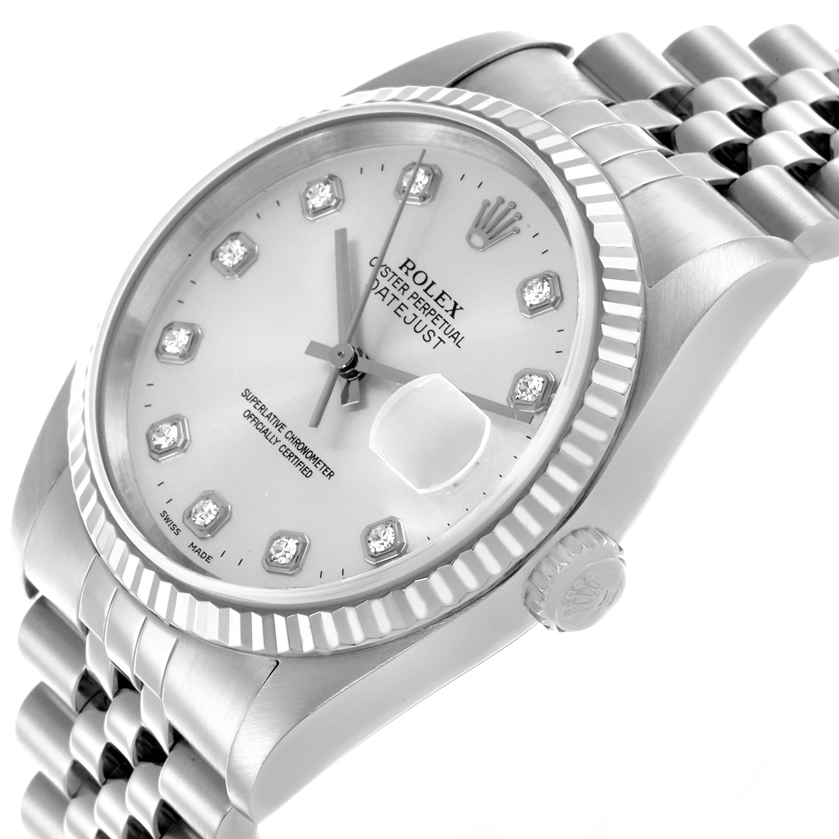 The Rolex Datejust 16234 Men
s Stainless Steel Silver Dial 16234 Men
s Stainless Steel Silver Dial watch is shown at a side angle, displaying the dial, bezel, crown, and part of the bracelet.