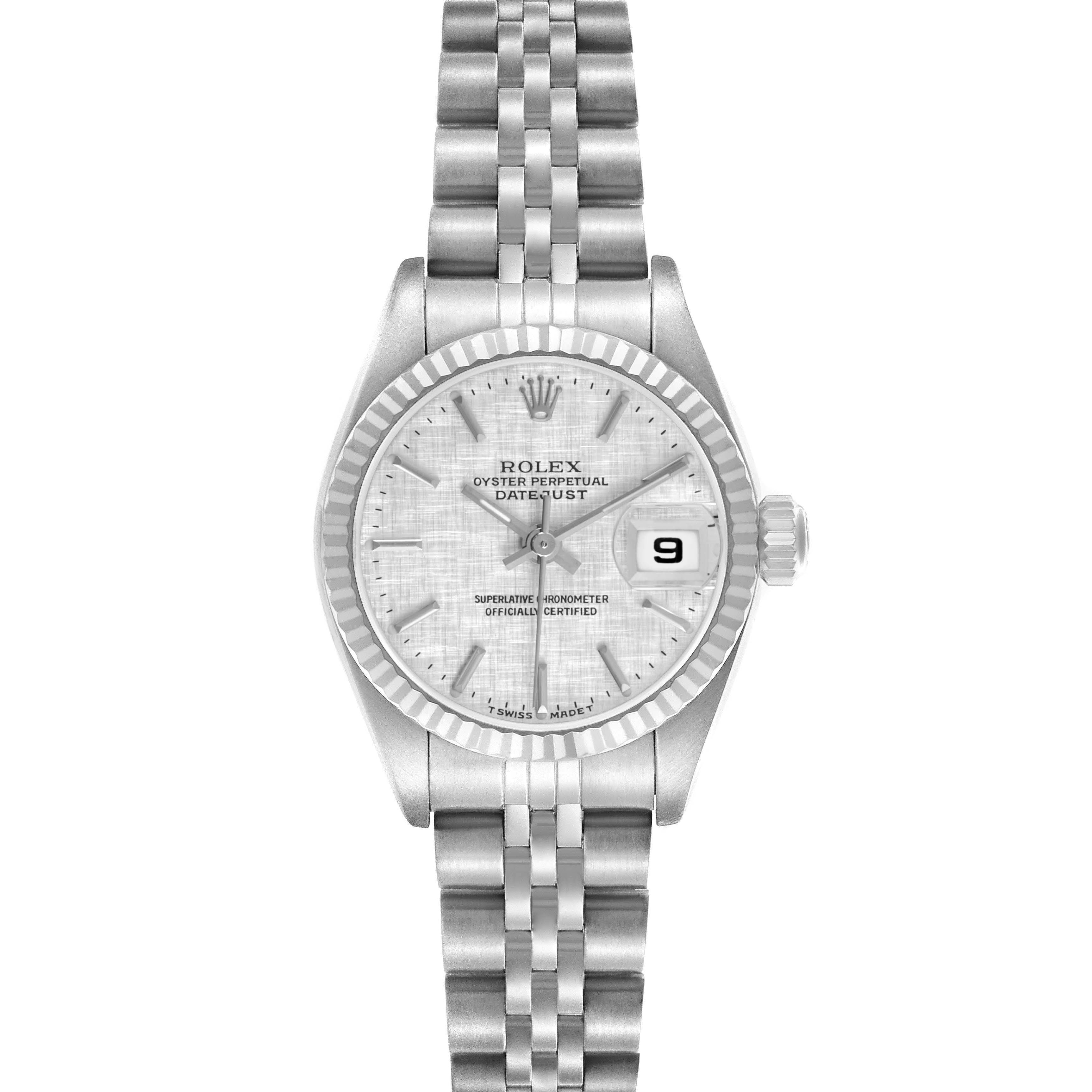 This image shows a front view of a Rolex Datejust 79174 Women's Stainless Steel Silver Dial, highlighting the dial, bezel, bracelet, and date window.