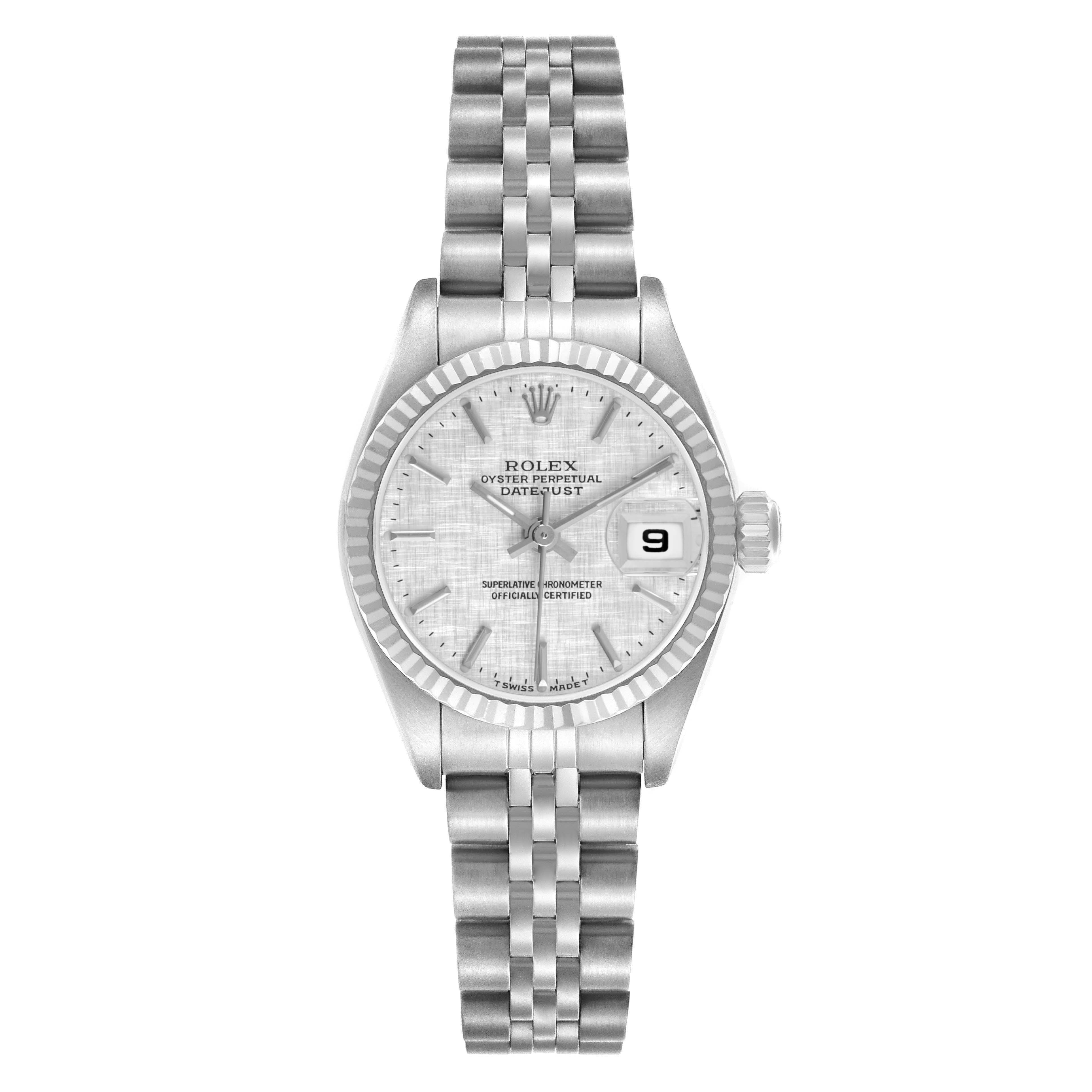 The Rolex Datejust 79174 Women's Stainless Steel Silver Dial watch is shown from a top view, highlighting the face, bezel, bracelet, and date window.