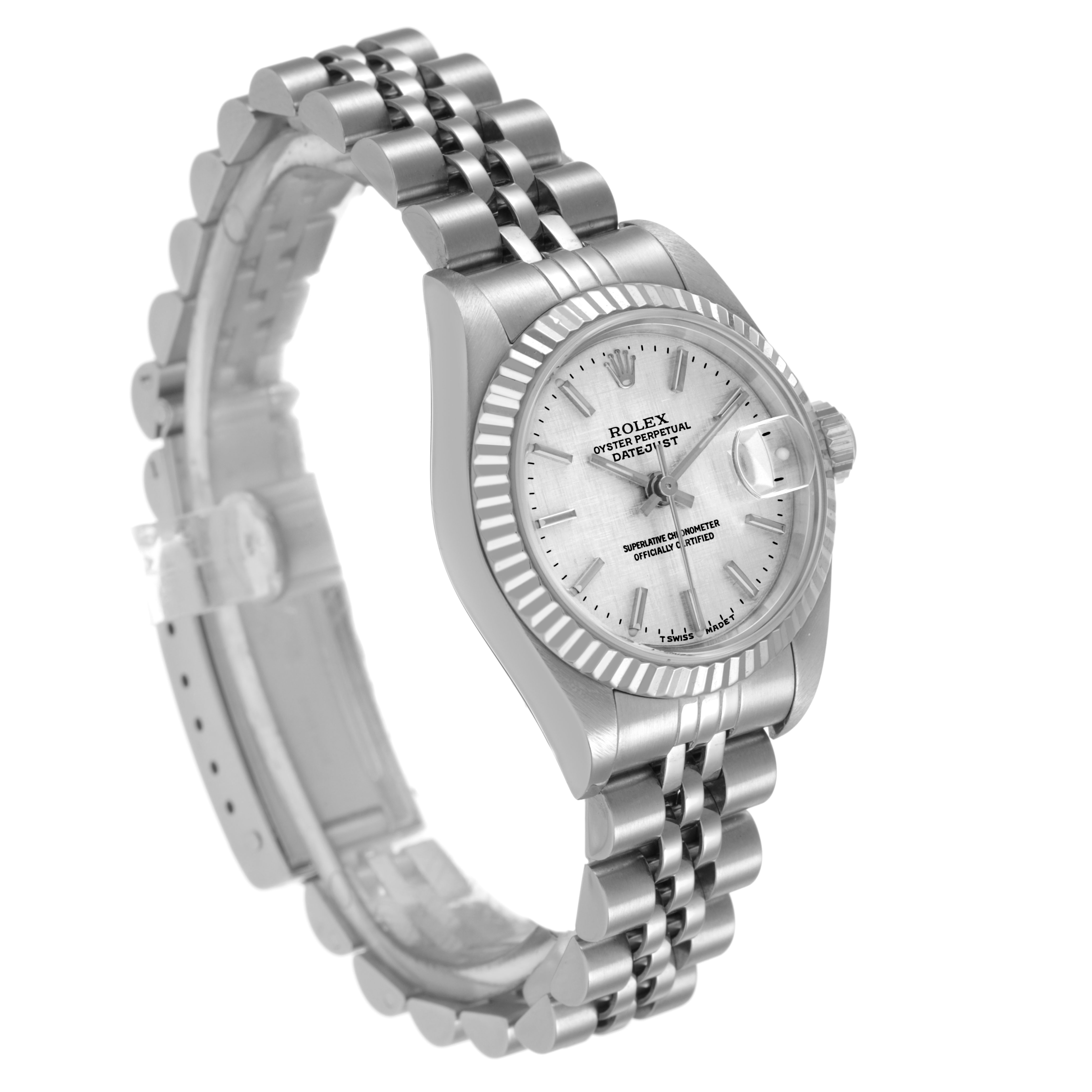The Rolex Datejust 79174 Women's Stainless Steel Silver Dial watch is shown at an angled side view, highlighting its dial, bezel, bracelet, and crown.