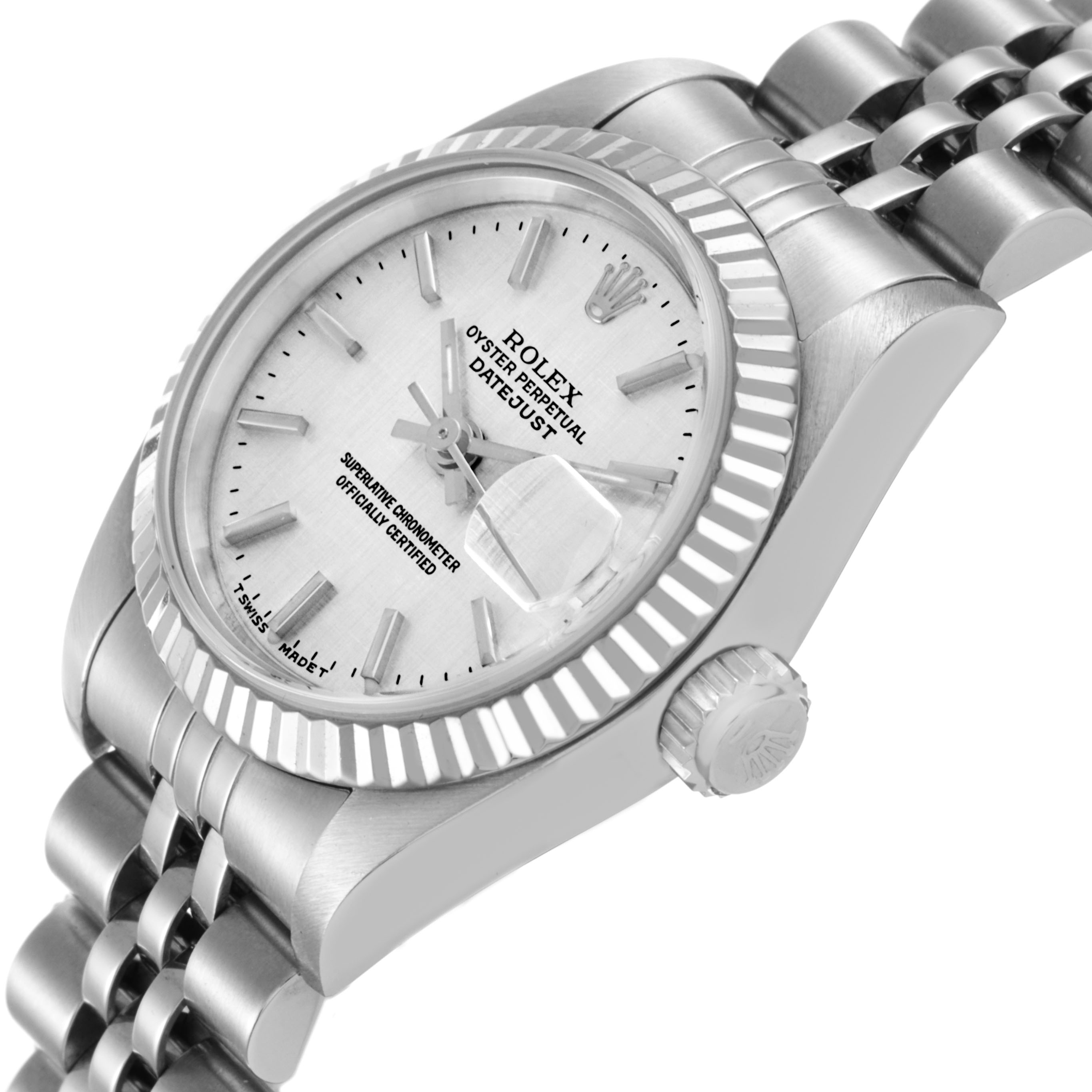 The Rolex Datejust 79174 Women's Stainless Steel Silver Dial watch is shown at an angled side view, displaying the dial, bezel, crown, and part of the bracelet.
