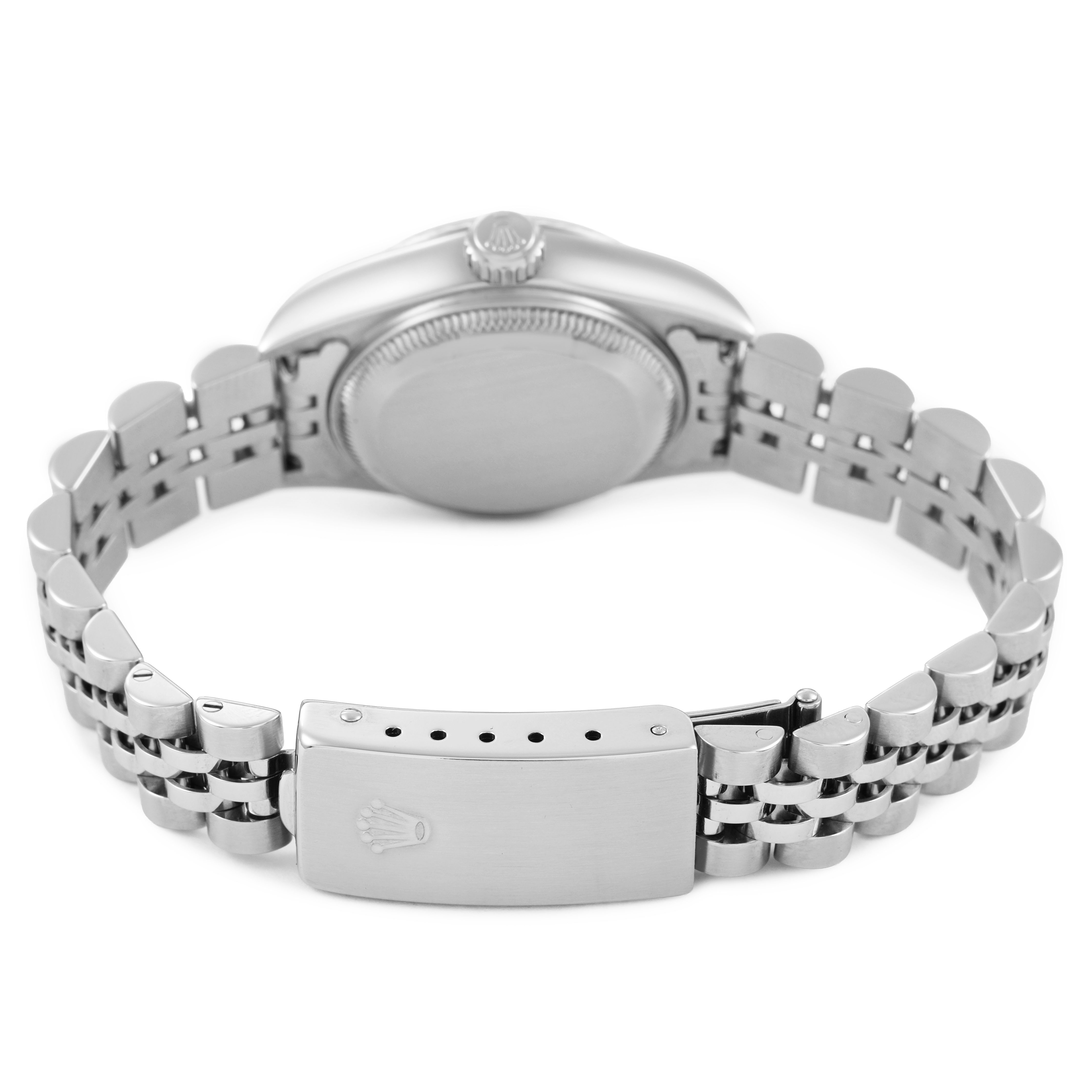 The image shows the back and clasp of the Rolex Datejust 79174 Women's Stainless Steel Silver Dial watch, highlighting the bracelet and case back.
