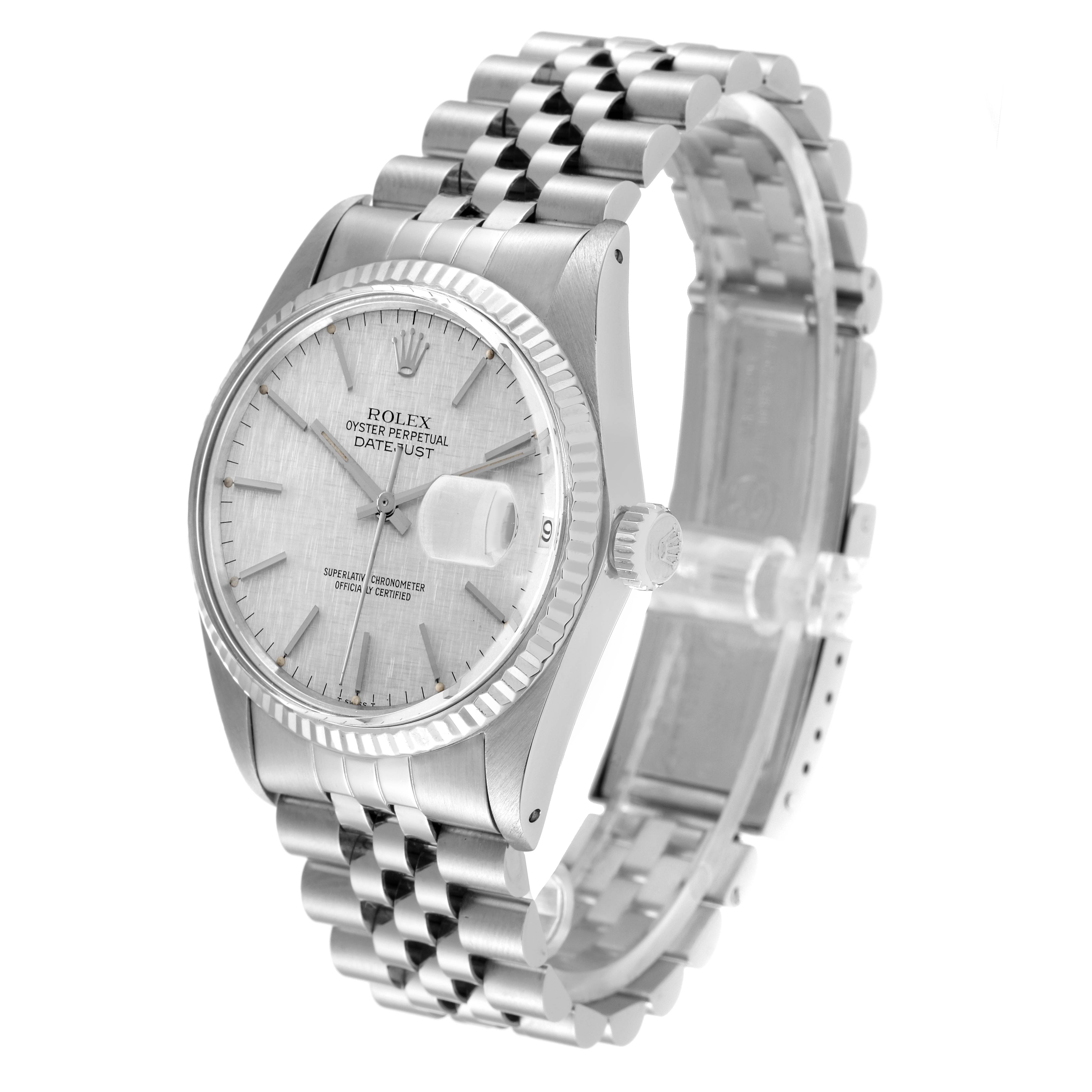 The image shows a Rolex Vintage Collection 16014 Men
s Stainless Steel Silver Dial 16014 Men
s Stainless Steel Silver Dial Datejust model at an angle highlighting the face, bezel, and bracelet.