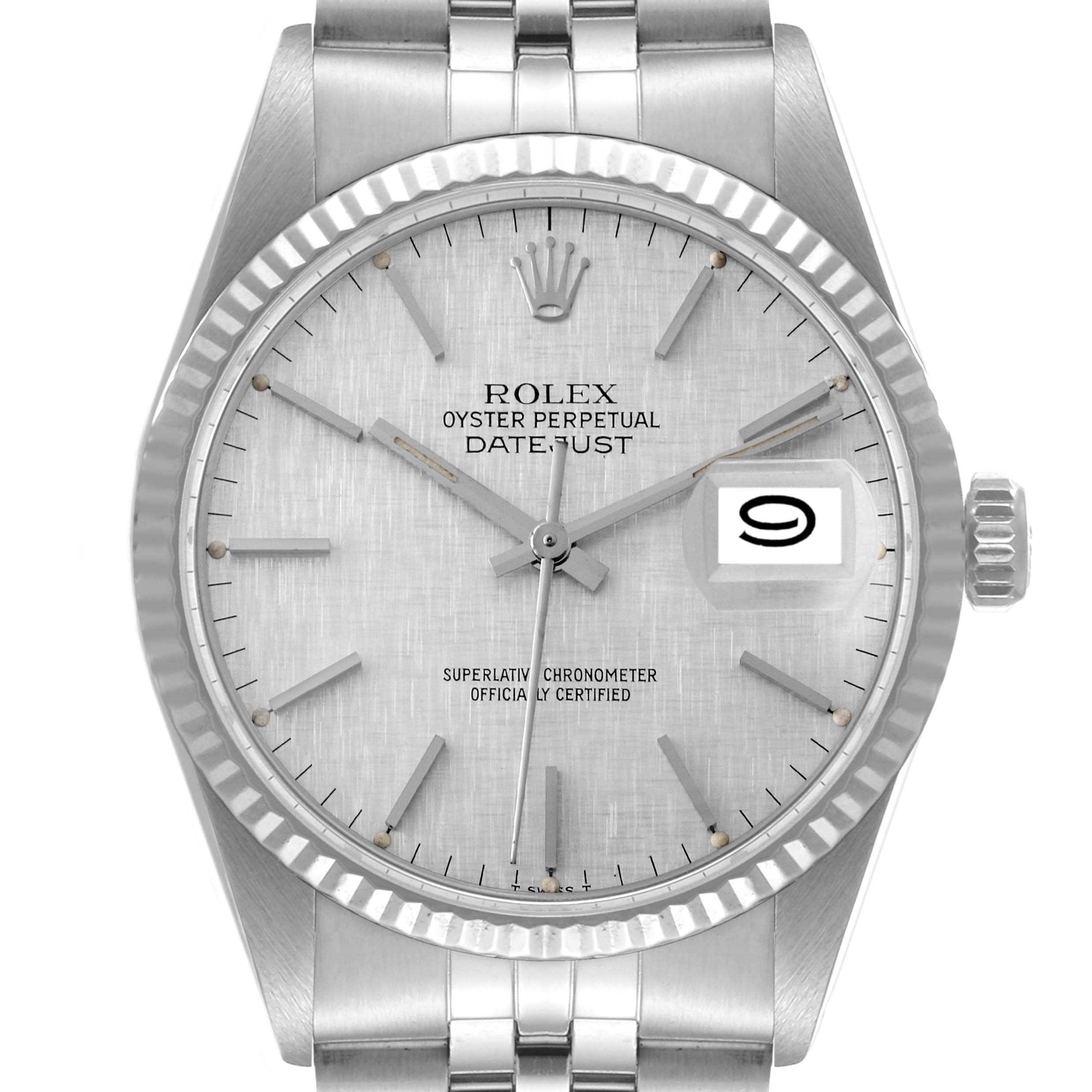 This image shows a close-up, frontal view of a Rolex Vintage Collection 16014 Men
s Stainless Steel Silver Dial 16014 Men
s Stainless Steel Silver Dial Oyster Perpetual Datejust watch face and partial metal bracelet.